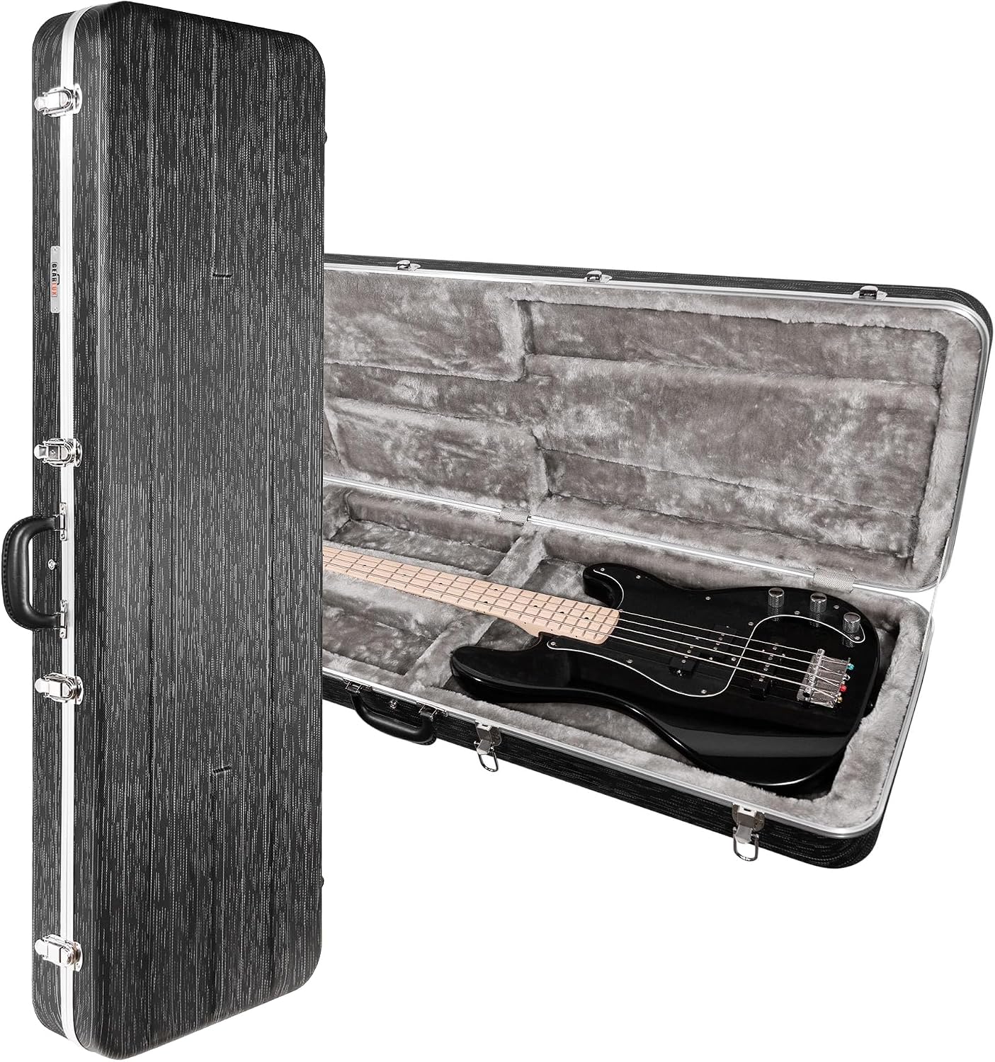 Gearlux Bass Guitar Hard Case, Fits Fender Precision/Jazz Bass and More with Exterior Lock and Key, Interior Accessory Compartment, and Plush Interior Padding - Black