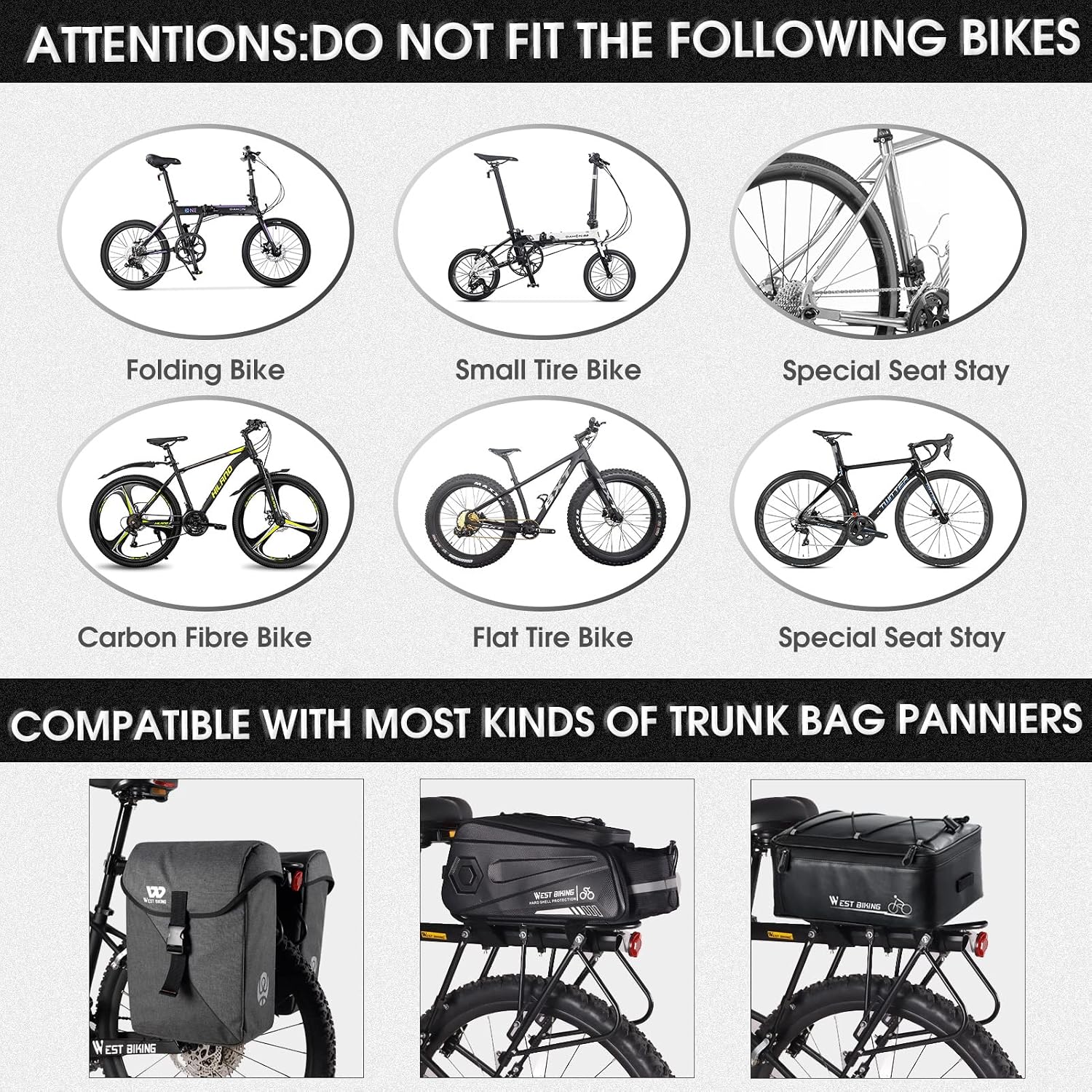 West Biking 220LB Solid Bearing Universal Adjustable Bike Cargo Rack Stand |  220LB high load-bearing capacity, quick disassembly design, universal for bicycles, suitable for Ebike