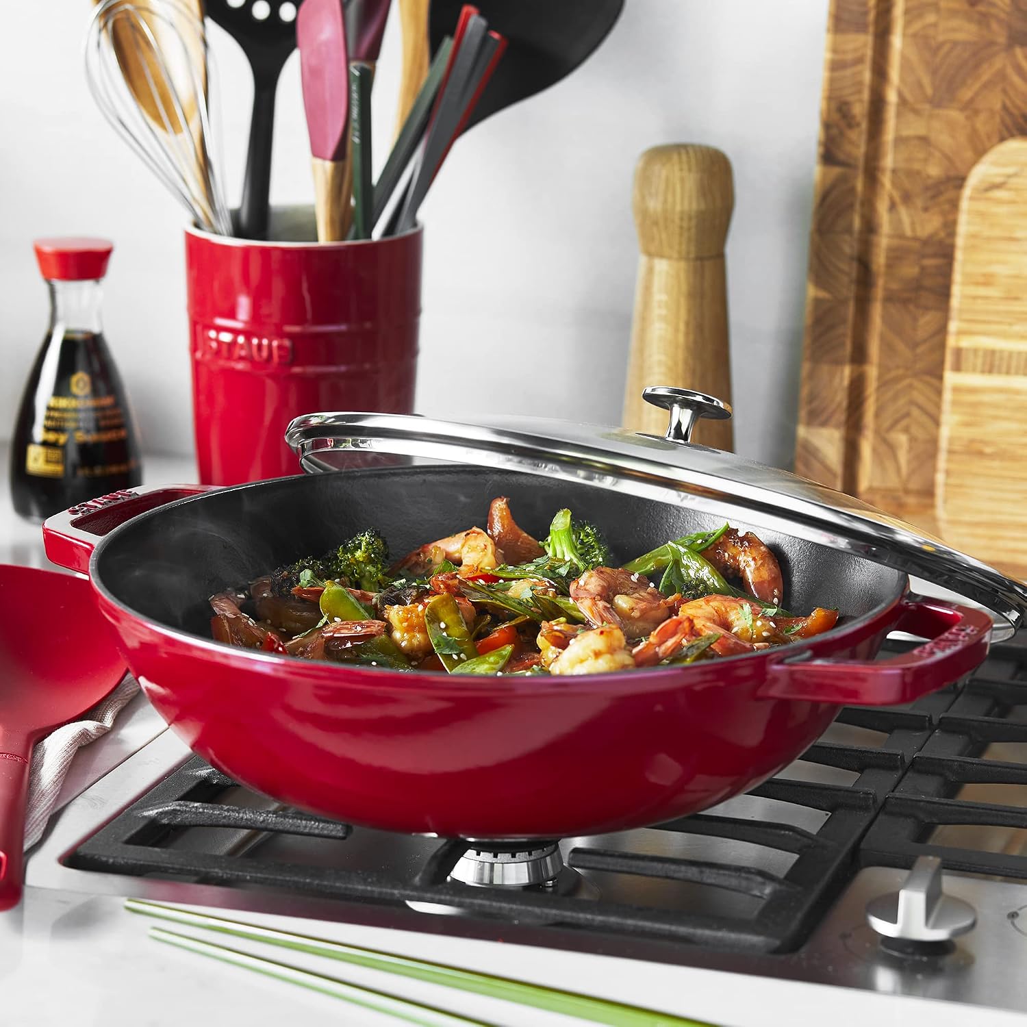 Staub Cast Iron Perfect Pan, Wok, Dutch Oven, 4.5-quart, serves 4-5, Made in France, Dark Blue
