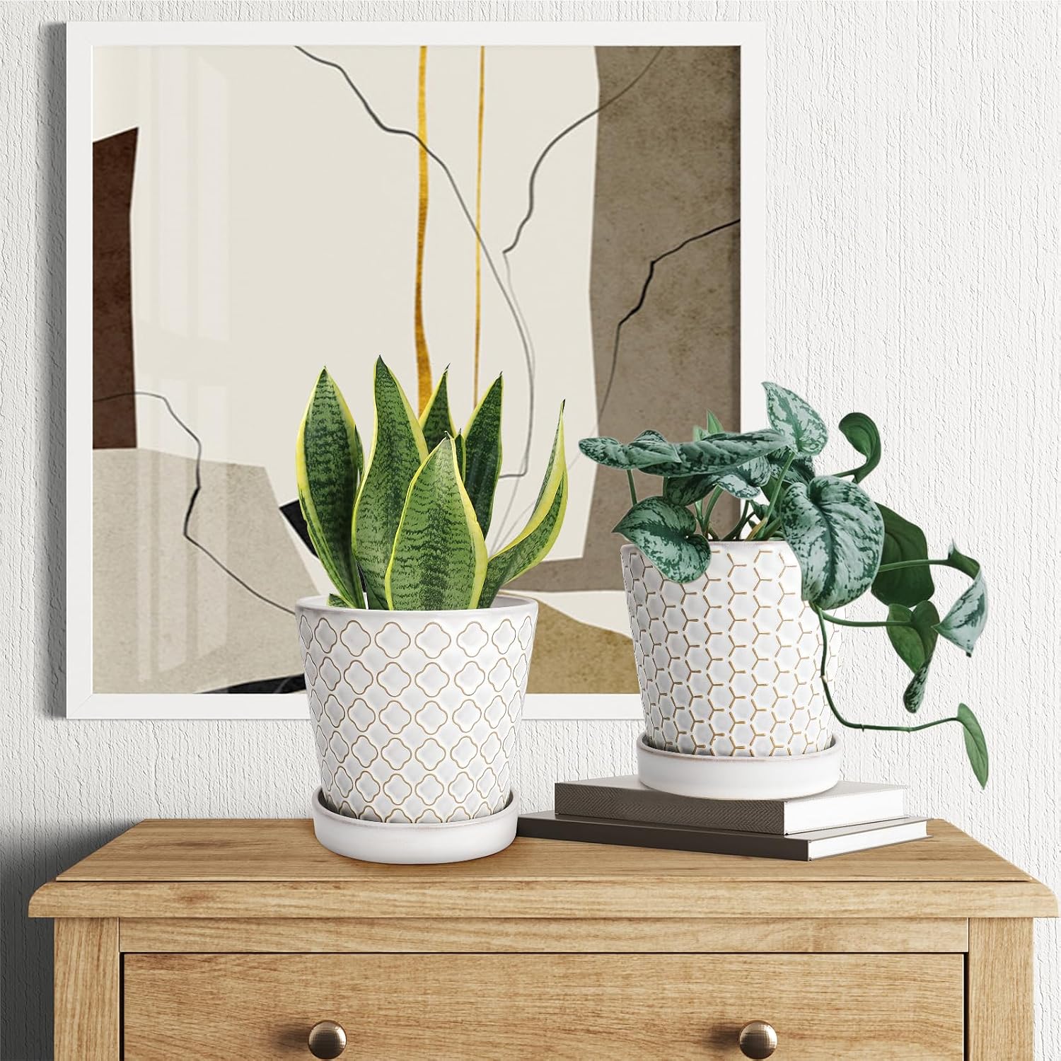 EFISPSS Ceramic Plant Pots, 5 Inch Planters with Drainage Holes and Ceramic Tray, Relief Design Flower Planter