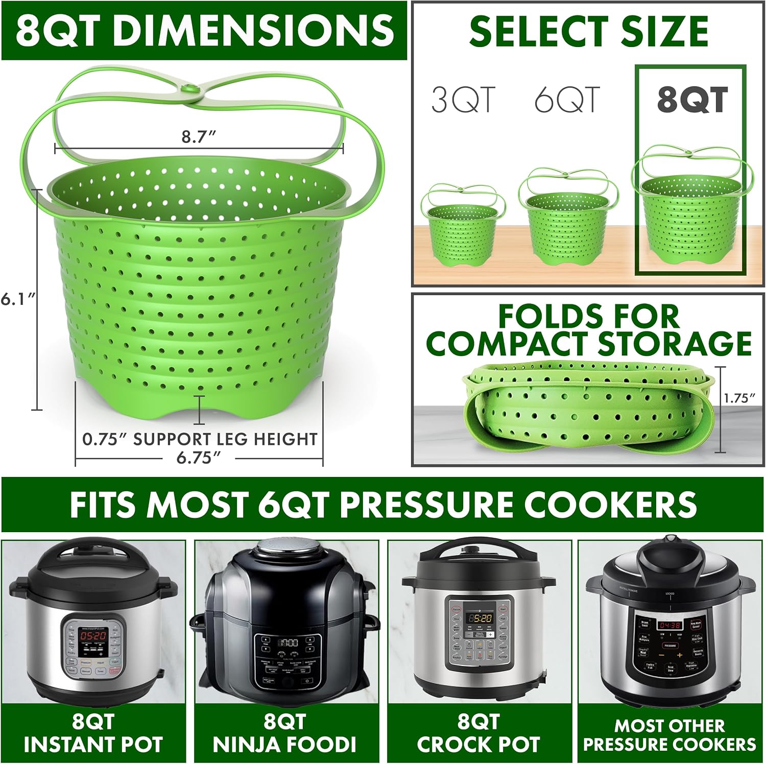 Avokado Silicone Steamer Basket for 3qt Instant Pot [6qt, 8qt avail], Other Pressure Cookers - 100% Food Safe, BPA-Free