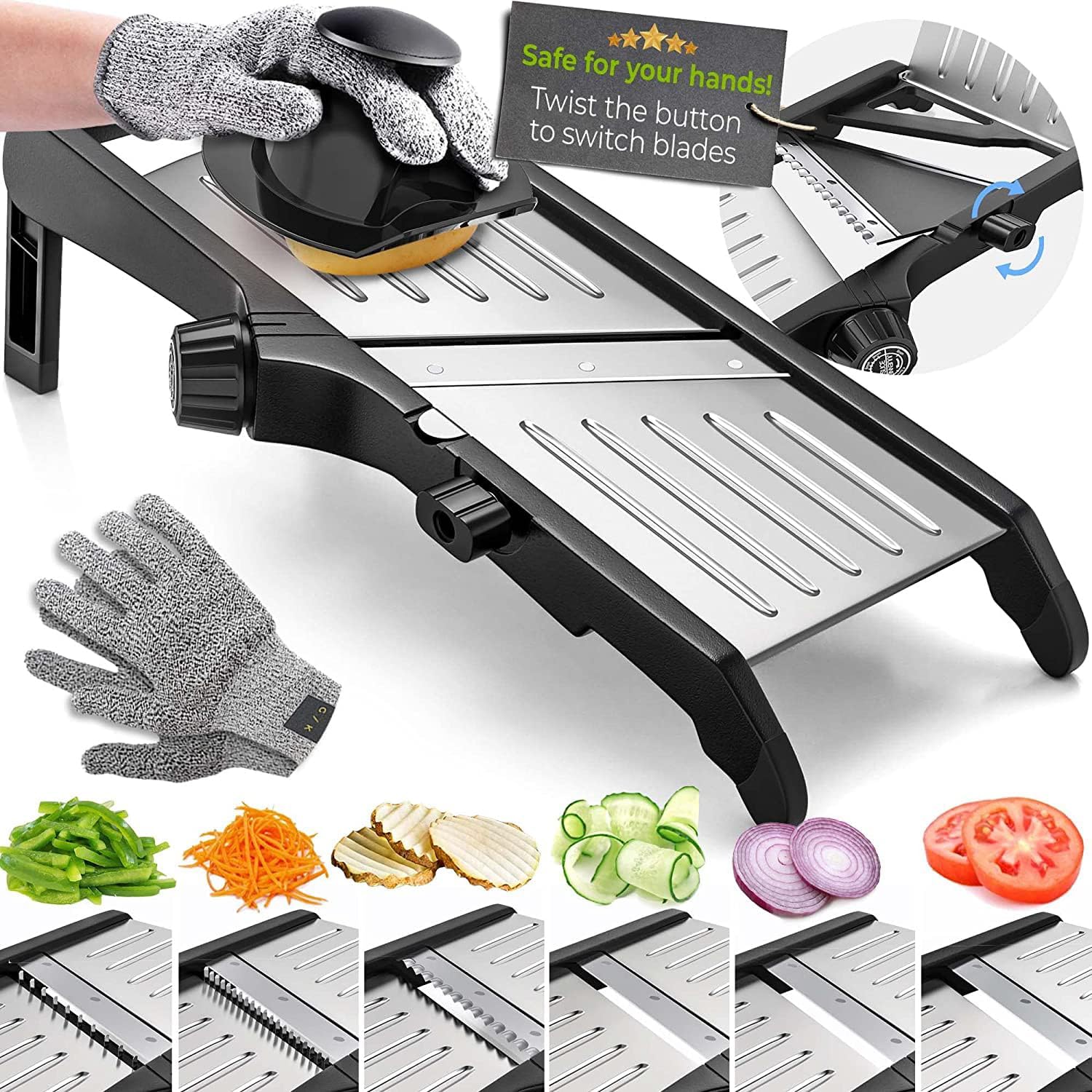 Gramercy Adjustable Mandoline Food Slicer, Mandoline Slicer for Kitchen, Mandolin, Potato, Tomato, Carrot, Vegetable, Fruit and Onion Cutter, Stainless Steel, INCLUDING Cut-Resistant Gloves, Black PRO