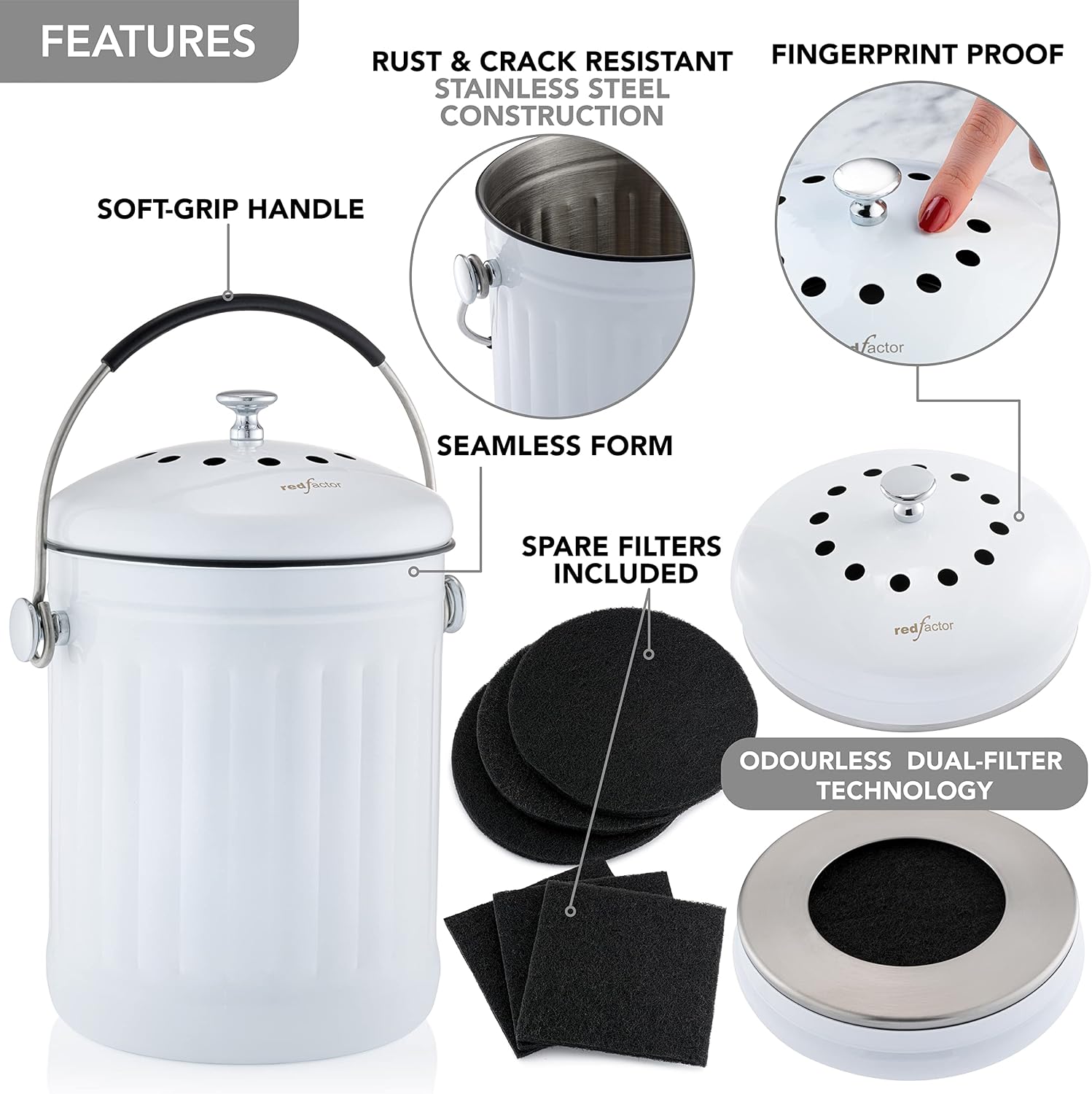 RED FACTOR Premium Compost Bin for Kitchen Countertop - Stainless Steel Food Waste Bucket with Innovative Dual Filter Technology - Includes Spare