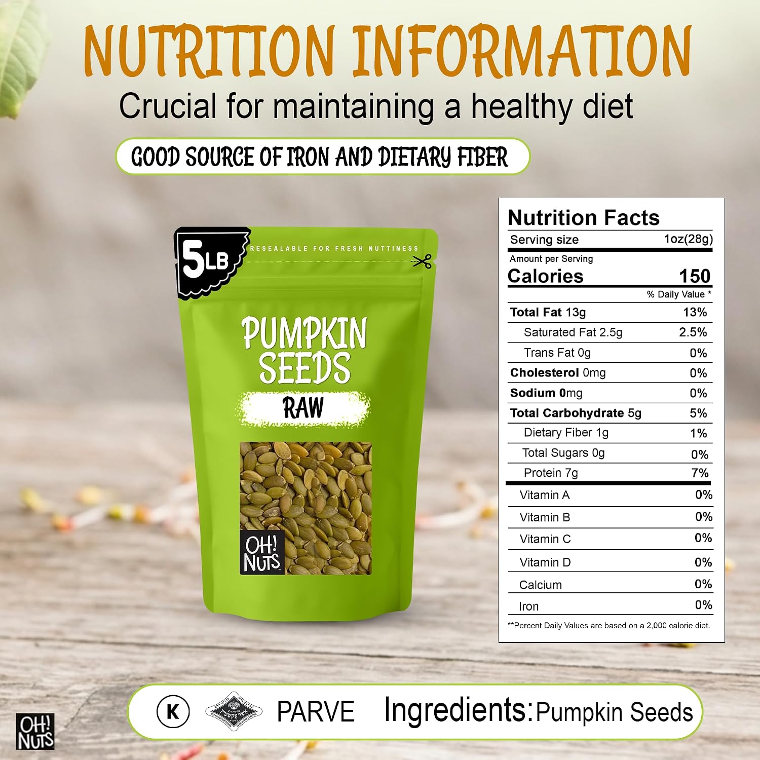 Oh! Nuts Raw Pumpkin Seeds Unsalted Pepitas 1 Pound - 100% Natural | Raw pumpkin seeds unsalted - 100% natural organic pepitas to eat - No shell - Packed in NY - Resealable zip-seal bag