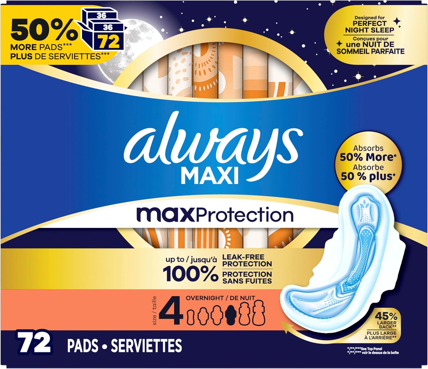 Always Maxi Overnight Feminine Pads with Wings for Women, Size 4, Overnight Absorbency, Unscented, Up to 100% Leak-Free Protection, 48 Count