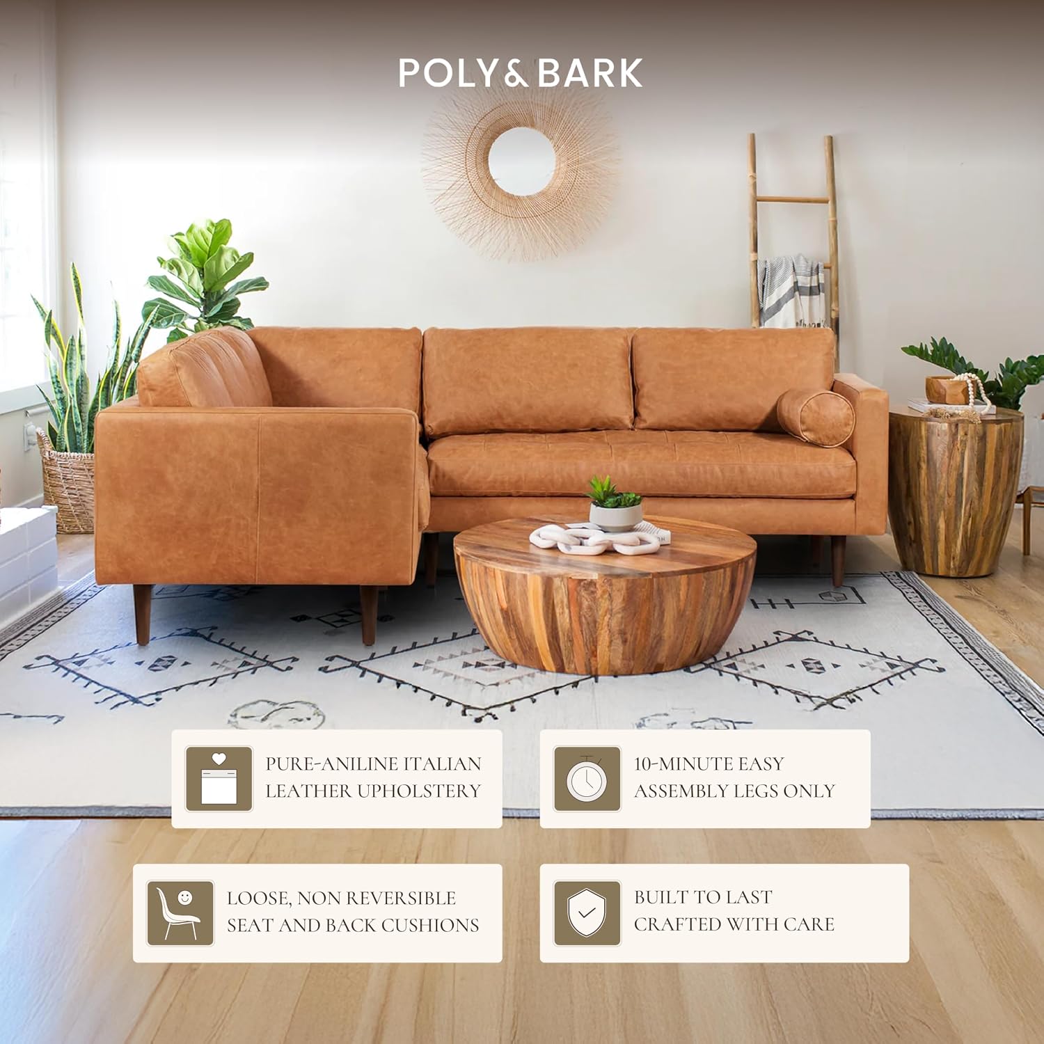 Poly & BARK 55" Tufted Leather Bed Bench for Bedroom End of Bed - Living Room Entry Way Bench - Pure Italian Leather Upholstery with a Solid Wood Frame - Ottoman Bench with Wooden Legs - Cognac Tan