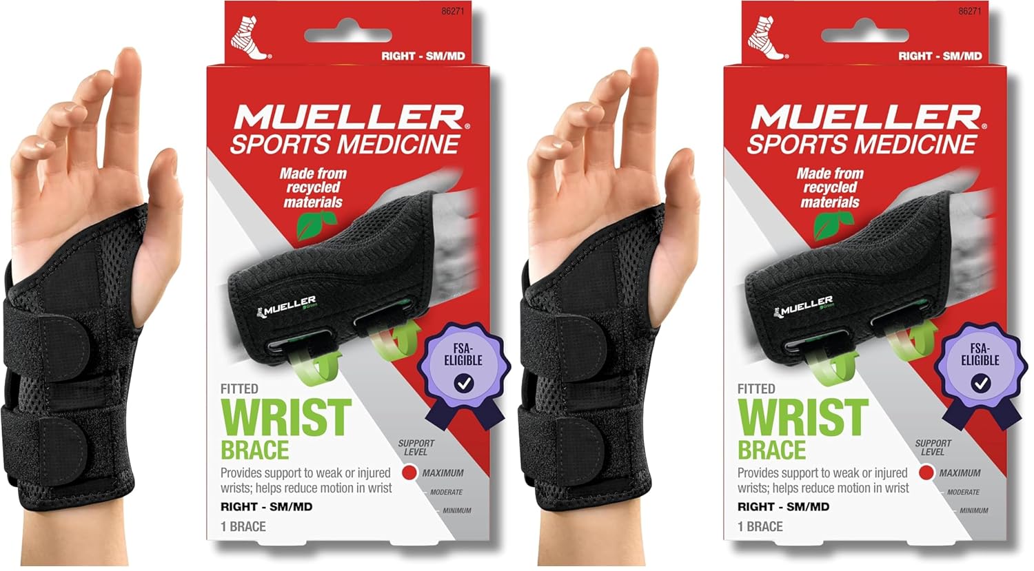 MUELLER Sports Medicine Green Fitted Wrist Brace for Men and Women, Wrist Pain Relief Support, Ideal for Carpal Tunnel, Tendonitis, Arthritis, Right Hand, Black, Small/Medium