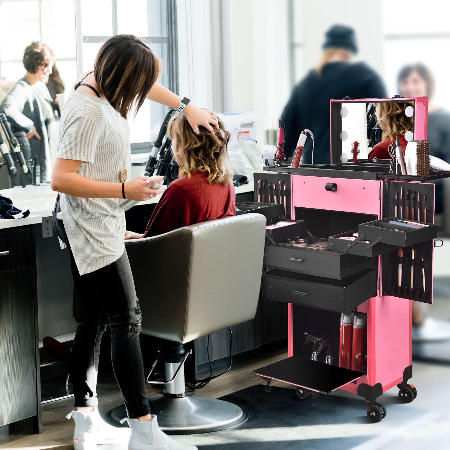 BYOOTIQUE Rolling Makeup Case with Lighted Mirror Hairstylist Station | Salonwith 2 Drawer,4 Trays,Hair Dry Holder,Professional Hairdressing Case,Beauty Salon Cart,Portable Vanity,Mobile