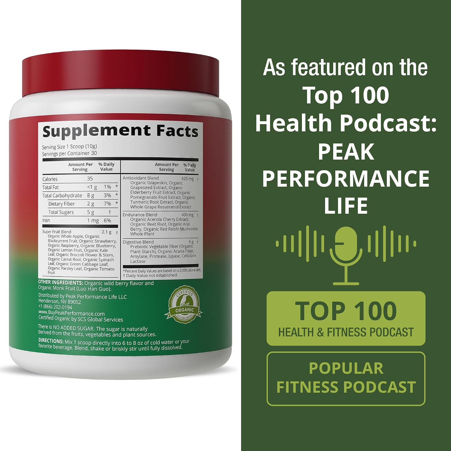 Peak Performance Organic Reds Superfood Powder, Best Tasting Red Juice | Super Food w/ 25+ All Natural Ingredients & Polyphenols
