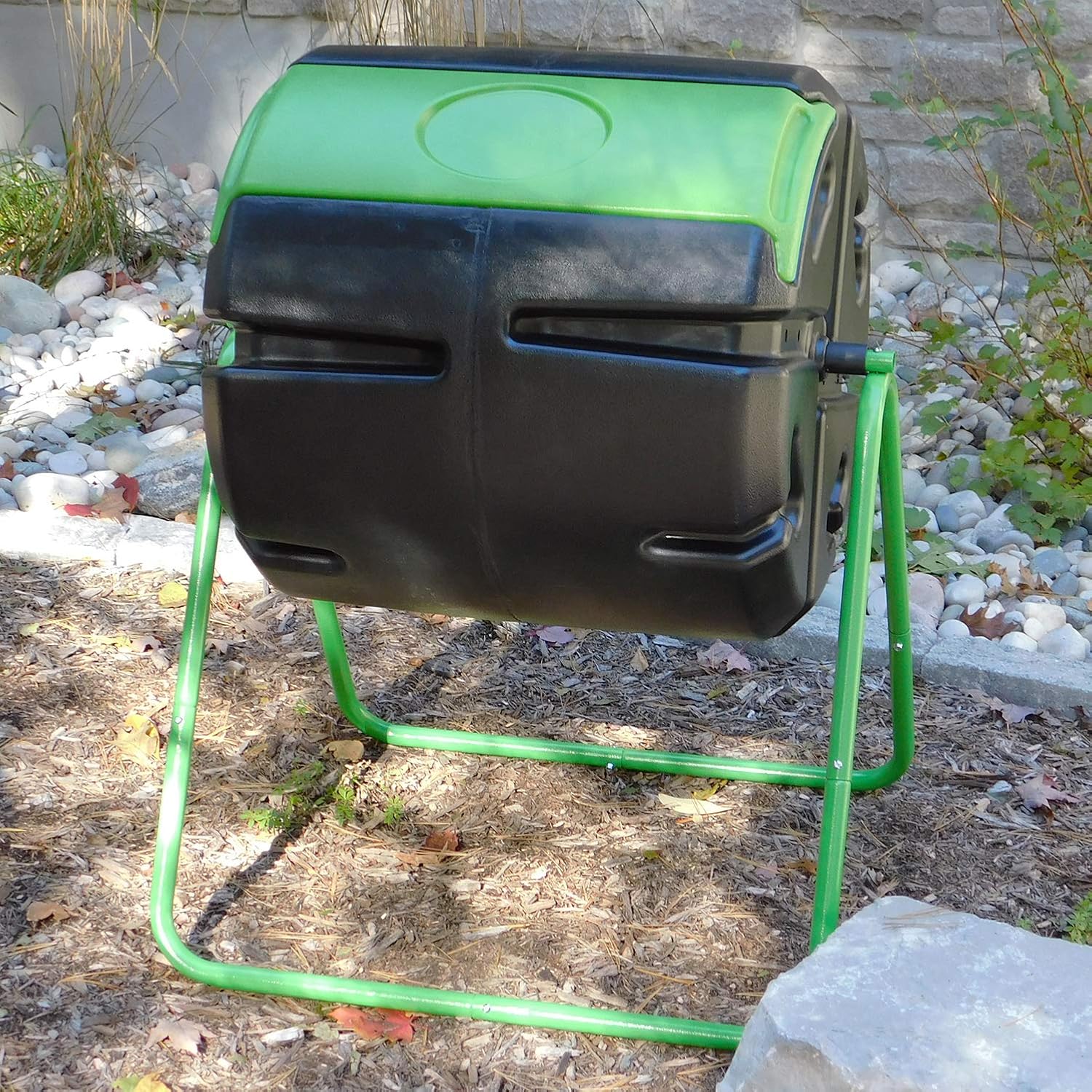 FCMP Outdoor HOTFROG Roto Single Chamber Batch Tumbling Composter - Outdoor Rotating Garden Compost Bin (HF-RM4000) Black & Green (37-Gallon)