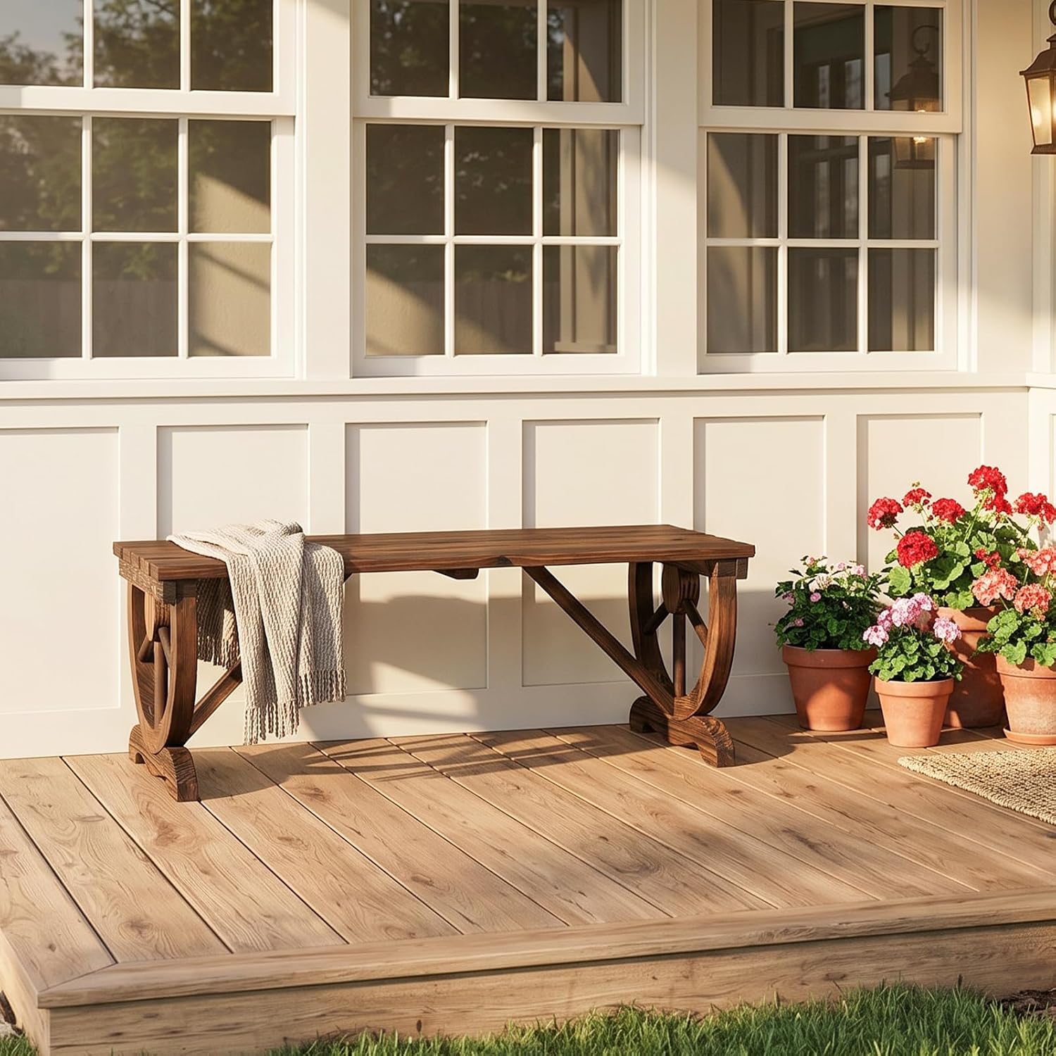 VINGLI Rustic Wooden Wheel Bench Outdoor Bench, Patio Bench Wagon Slatted Seat, Garden Benches for Outdoors 350lbs High Capacity