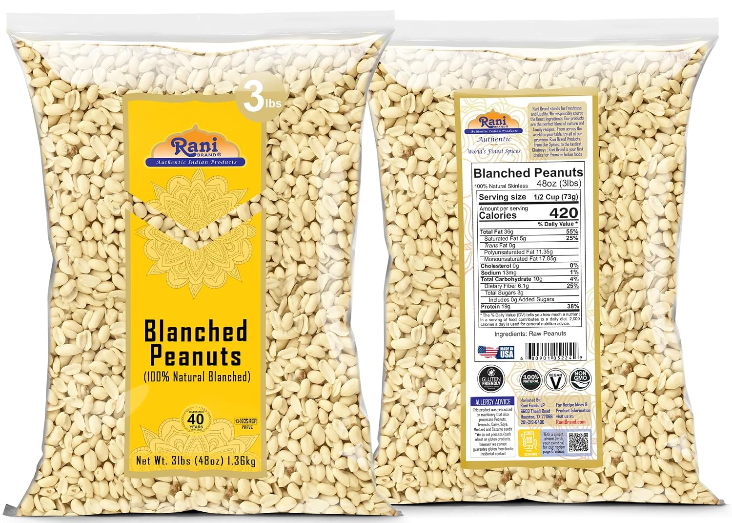 Rani Peanuts, Raw Whole With Skin (uncooked, unsalted) 14oz (400g) ~ All Natural | Vegan | Kosher | Gluten Friendly | Fresh Product of USA ~ Spanish Grade Groundnut/Red-skin