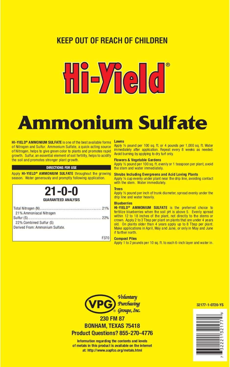 Hi-Yield (32177) Ammonium Sulfate 21-0-0, 4 lbs | Ammonium sulfate 21-0-0 granular - Fast-release nitrogen with sulfur for quick green-up, 4 lbs - Lawn owners