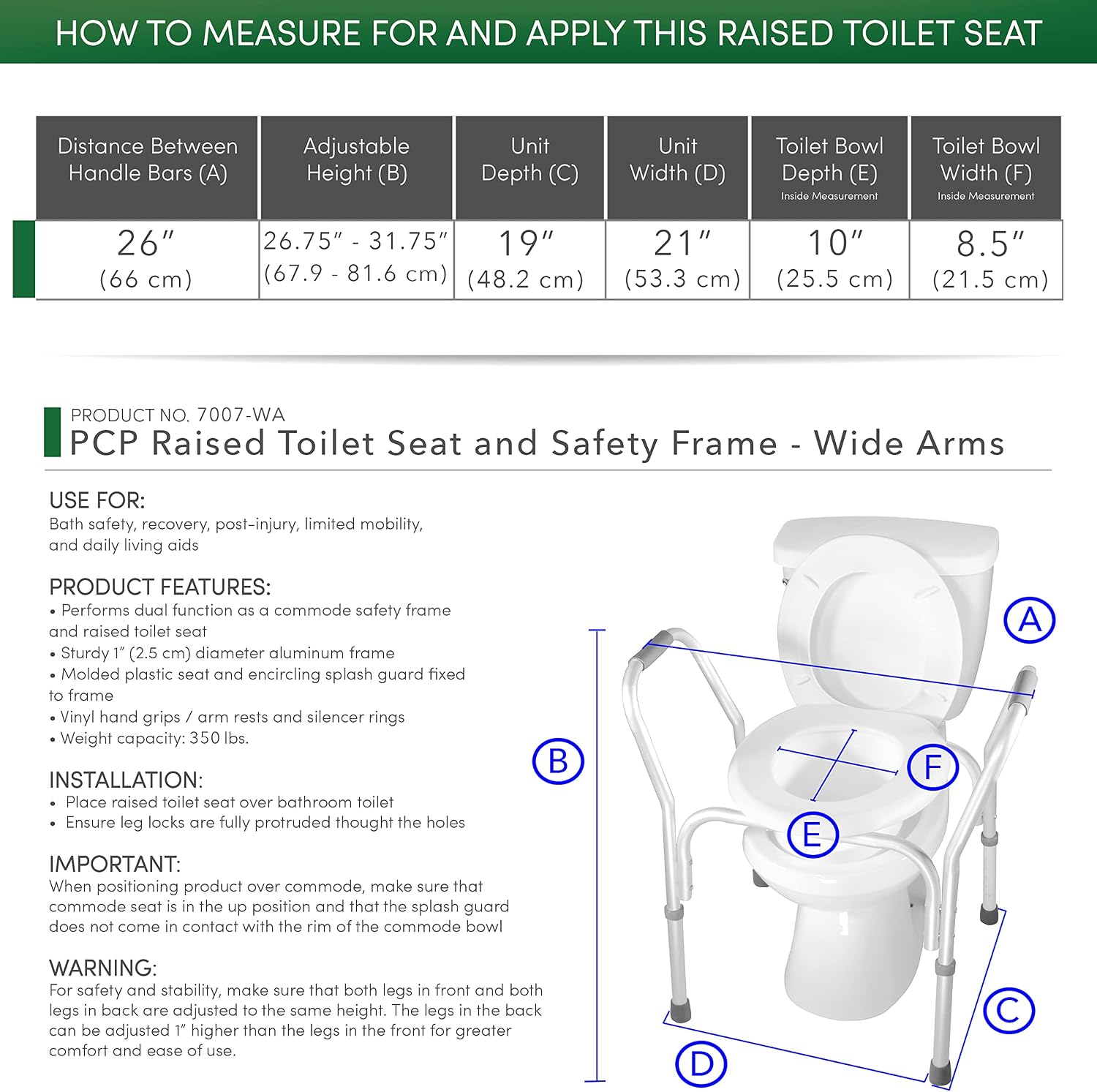 PCP Raised Toilet Seat and Safety Frame, Pre-Assembled Tool Free, Secure Adjustable Height, Made in USA, Regular