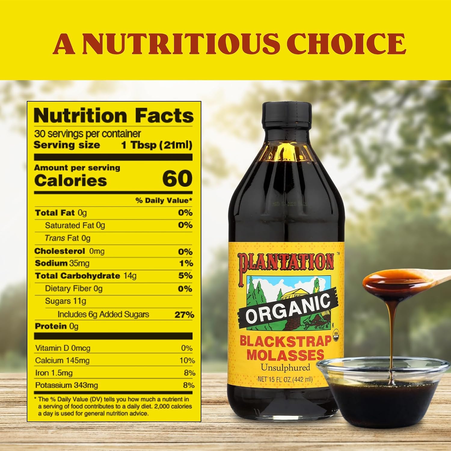 Plantation Organic Blackstrap Molasses 15 oz – USDA Organic Unsulphured Blackstrap Molasses, Natural Sweetener for Baking, Cooking & Beverages
