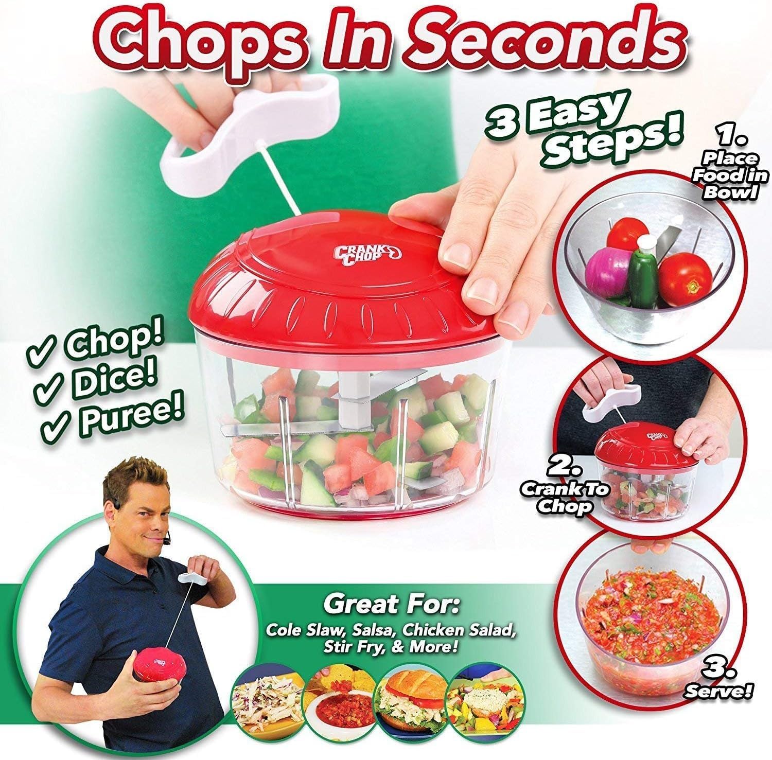Food Chopper and Processor Original - Chop Dice Puree Vegetables Onions Tomatoes Garlic Meats and Nuts in Just Seconds for Delicious Meals - Perfect