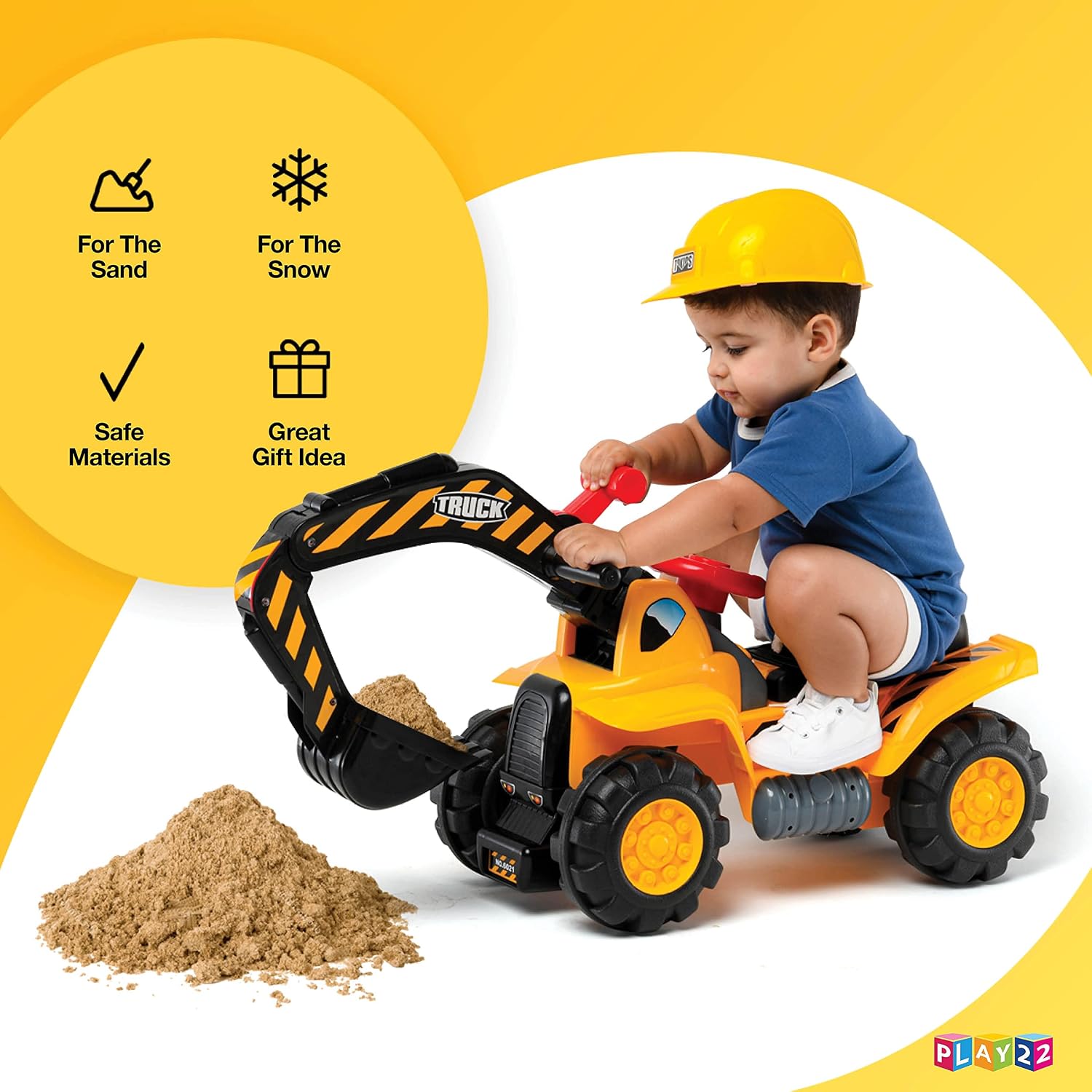 Play22 Toy Tractors for Kids Ride On Excavator - Music Sounds Digger Scooter Bulldozer Includes Helmet with Rocks - Pretend Play - Toddler