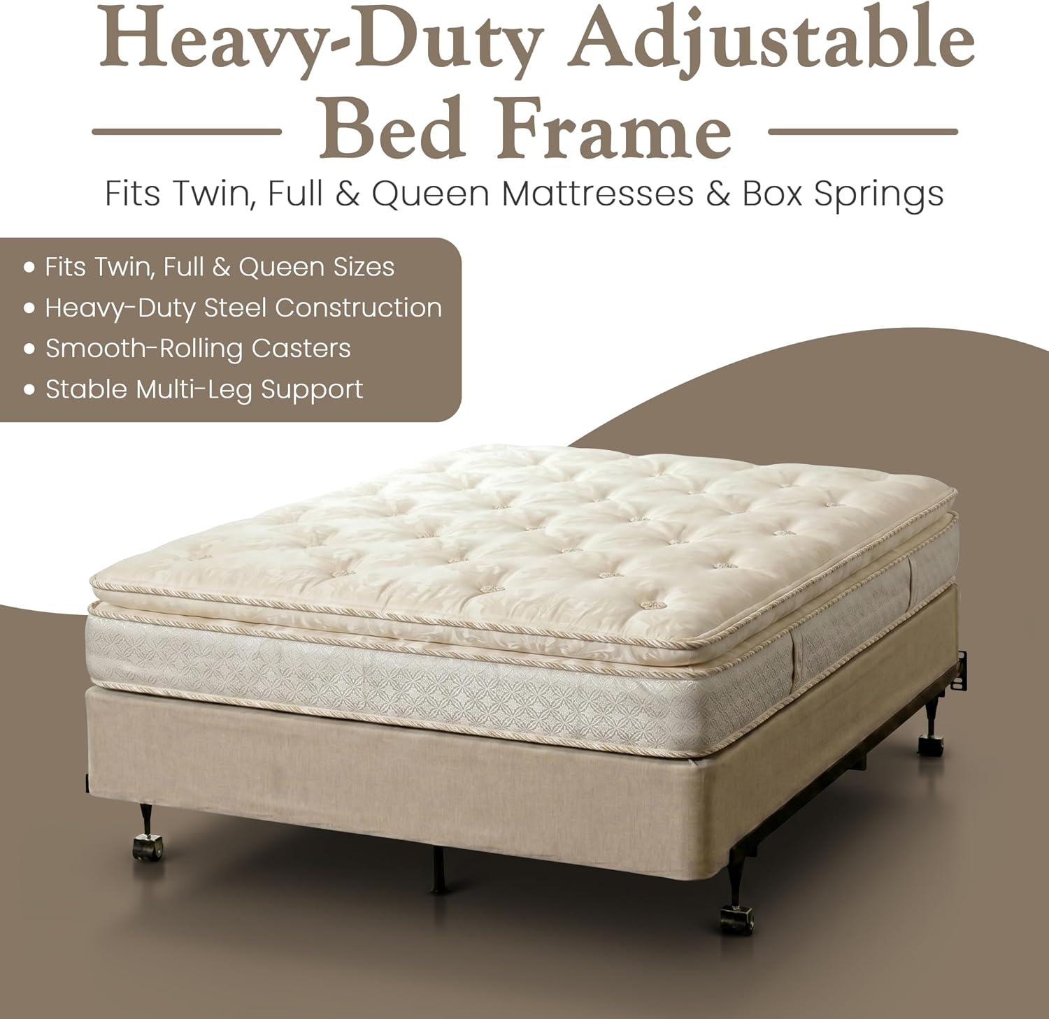 Kings Brand Furniture Adjustable Metal Bed Frame with Locking Wheels, Fits Twin, Twin XL, Full, Full XL & Queen Mattresses