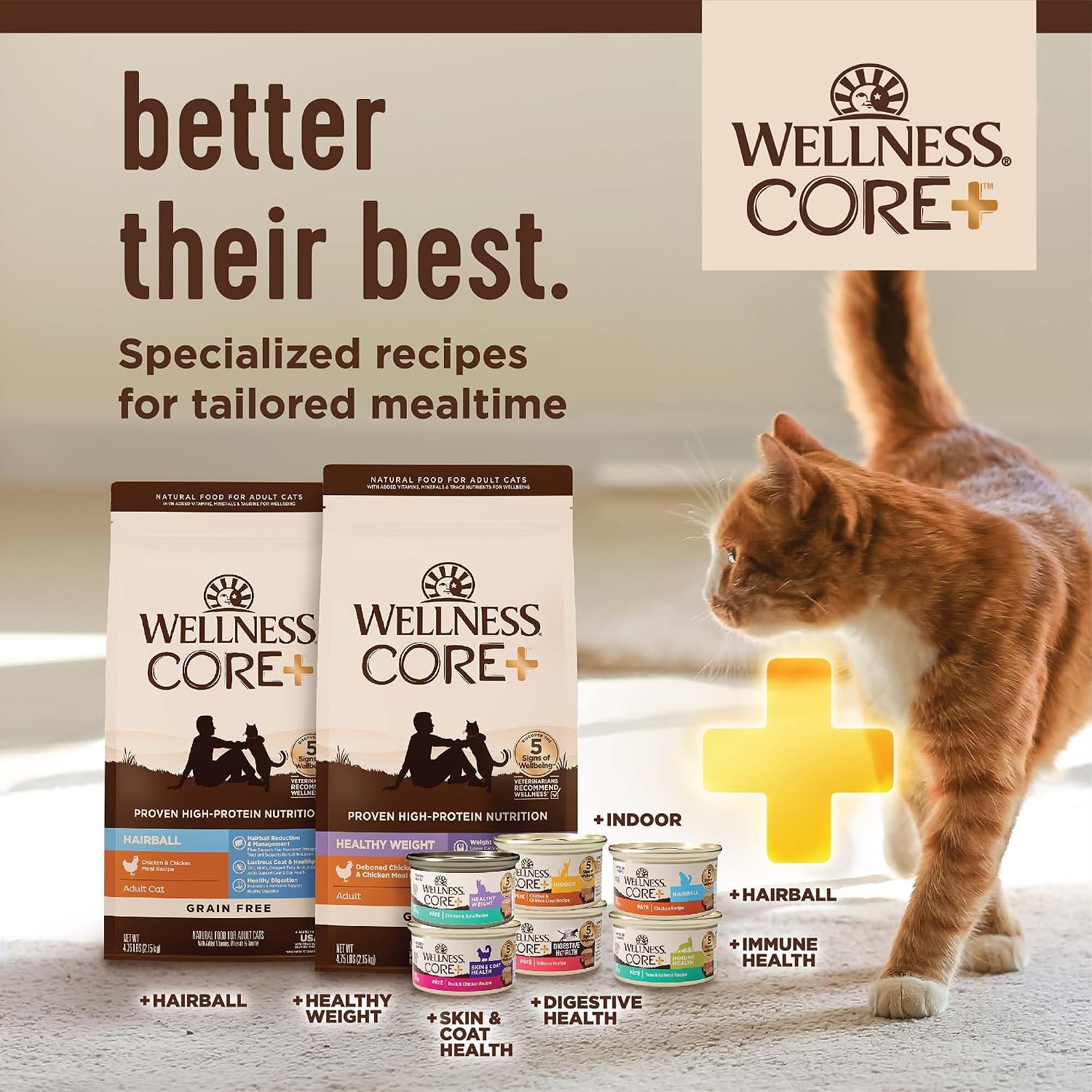 Wellness CORE+ Adult Dry Cat Food for Indoor Cats, Natural, Grain Free Kibble, Chicken, Turkey and Chicken Meal Recipe, 5 lb Bag