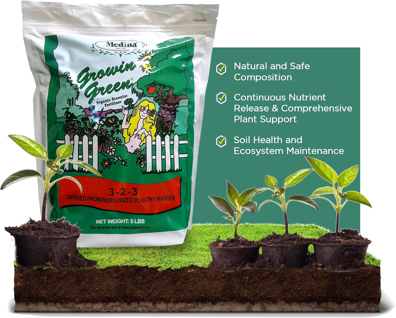 Medina Growin Green Organic Granular Fertilizer, 5 lb Bag, 3-2-3 | Nutrient Rich Soil Enhancer, Granules for Lush Gardens, Lawns, and Plants