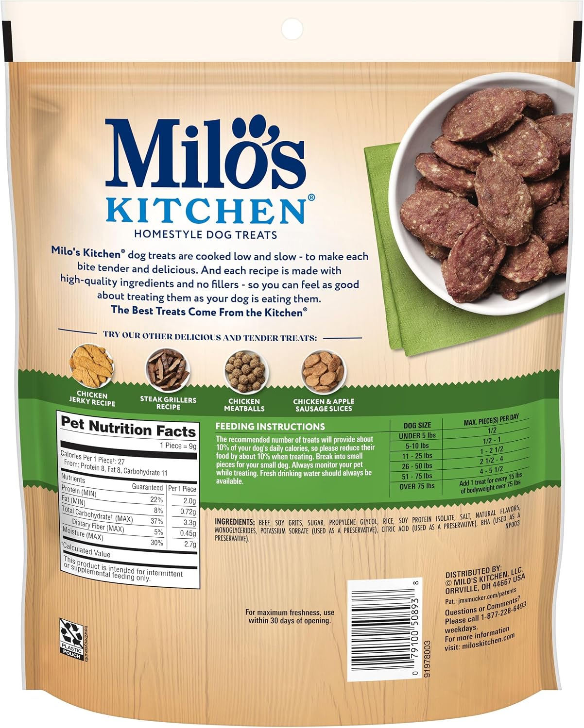 Milo’s Kitchen Chicken & Apple Sausage Slices Dog Treats, 18 Oz. Bag