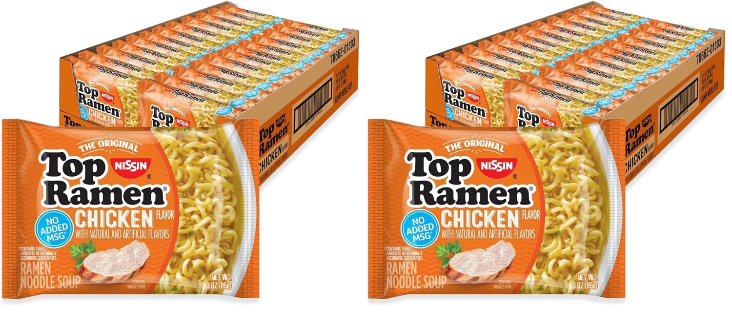 Nissin Top Ramen Noodle Soup, Chicken, 3 Ounce (Pack of 24) | Quick, convenient meal ready in minutes with just hot water.
