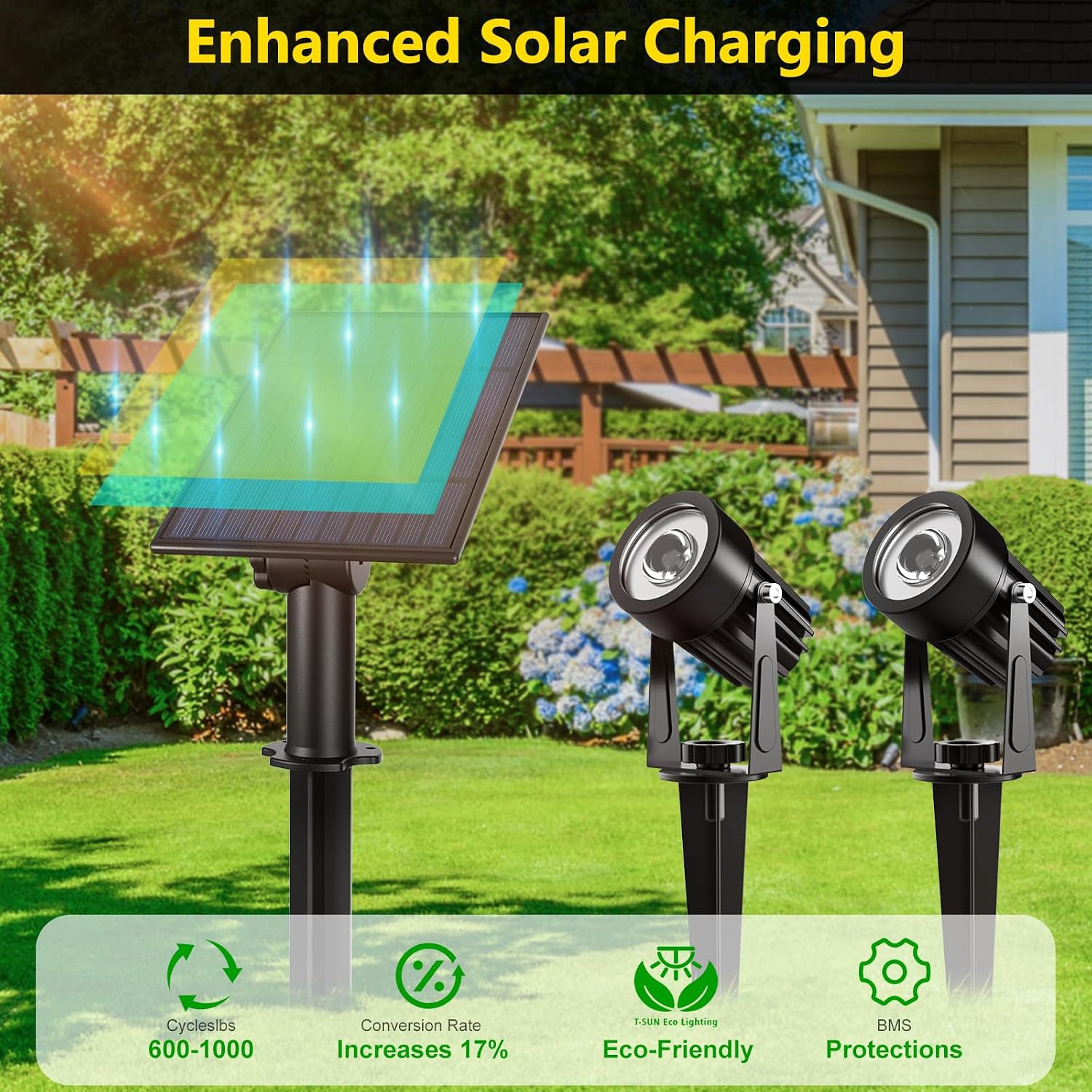 T-SUN Solar Spot Lights Outdoor, Dual Head Solar Spotlights, Cool White | IP65 Waterproof, 2 Brightness Modes, Dusk to Dawn Solar Uplights for Garden, Yard, Pathway, Patio, Lawn