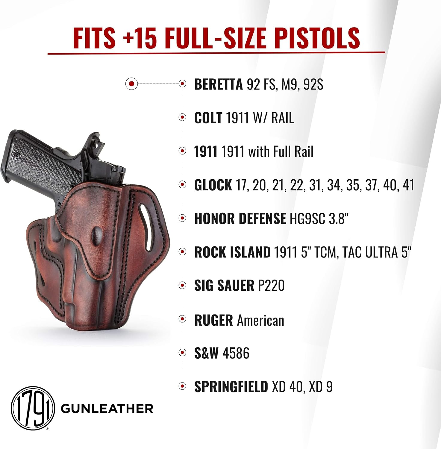 1791 Gunleather OWB Holster, Fits Sig P226, P220, P229, Beretta 92FS, VP9 | Right-handed leather gun holster also fits Beretta M9, Glock 17, 20, 21, 22, Springfield XD and 1911 with full rail