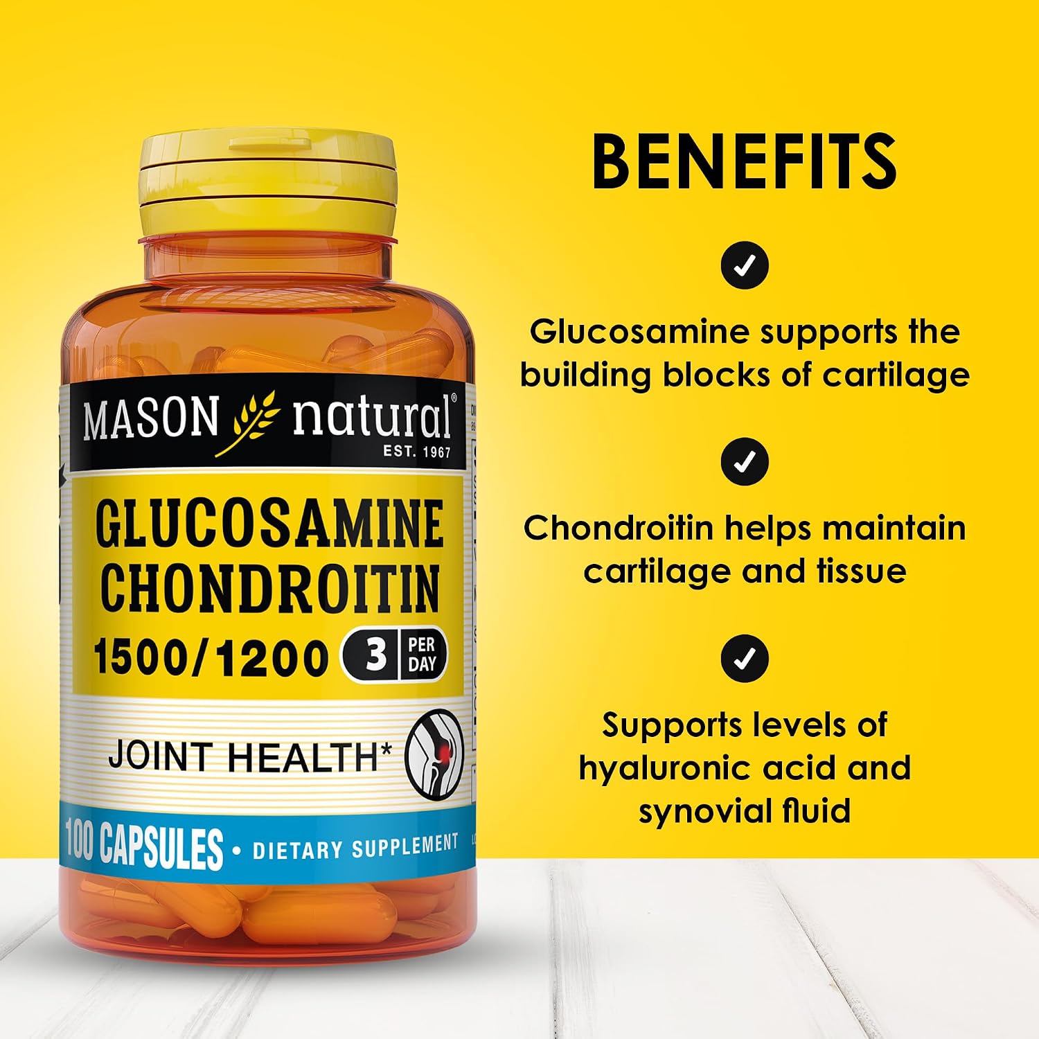 MASON NATURAL Glucosamine Chondroitin 1500/1200 & Vitamin C, 30 Day Supply | 1500mg glucosamine & 1200mg chondroitin with 198mg vitamin C & manganese to support joint cartilage, flexibility & mobility