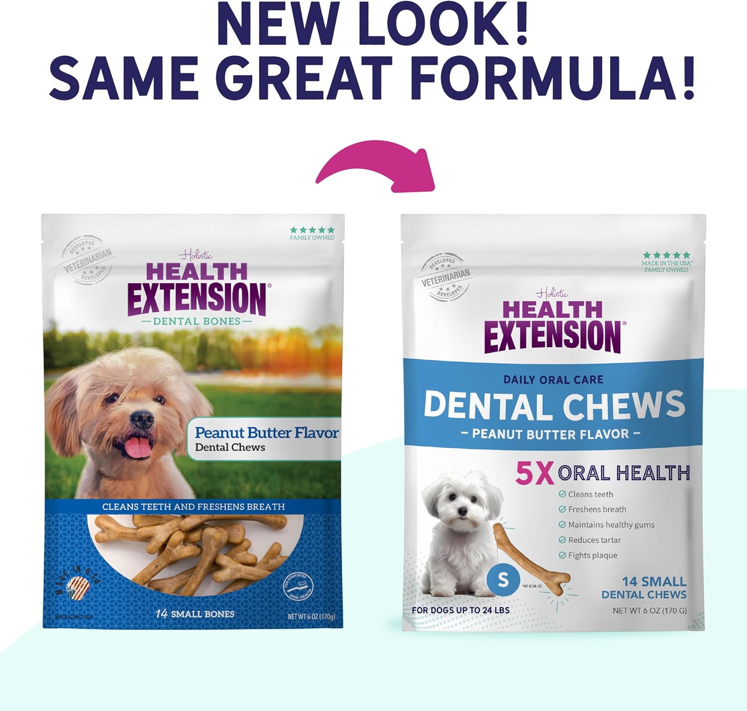Health Extension Probiotic Dental Bones for Dogs, 14 Small Bones, Cleans Teeth, Healthy Gums, Freshens Breath, Training or Reward, 6 oz Bag (Pack of 1)