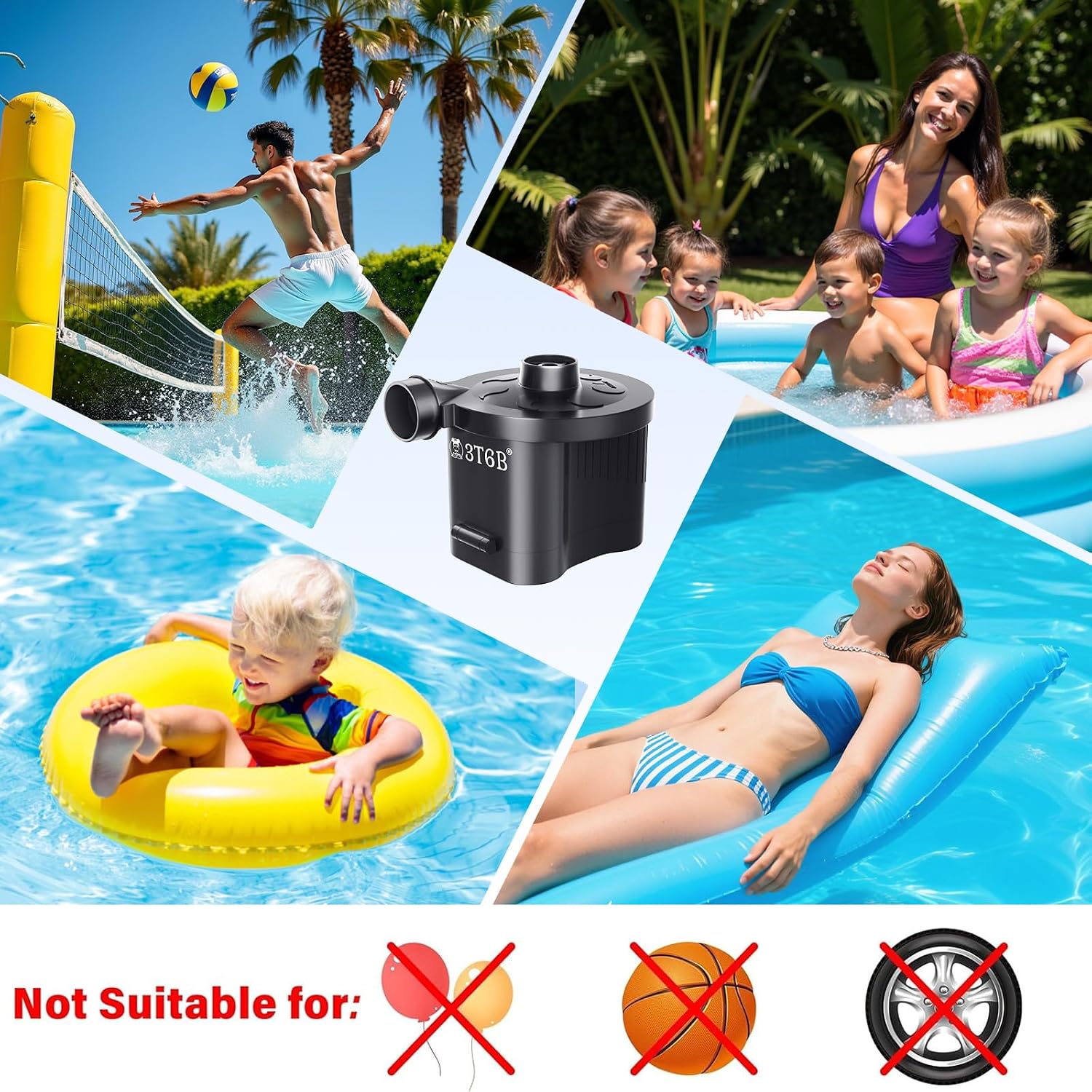 Electric Air Pump for Inflatables, Battery Powered Wireless Air Pump for Mattress with 3 Nozzles