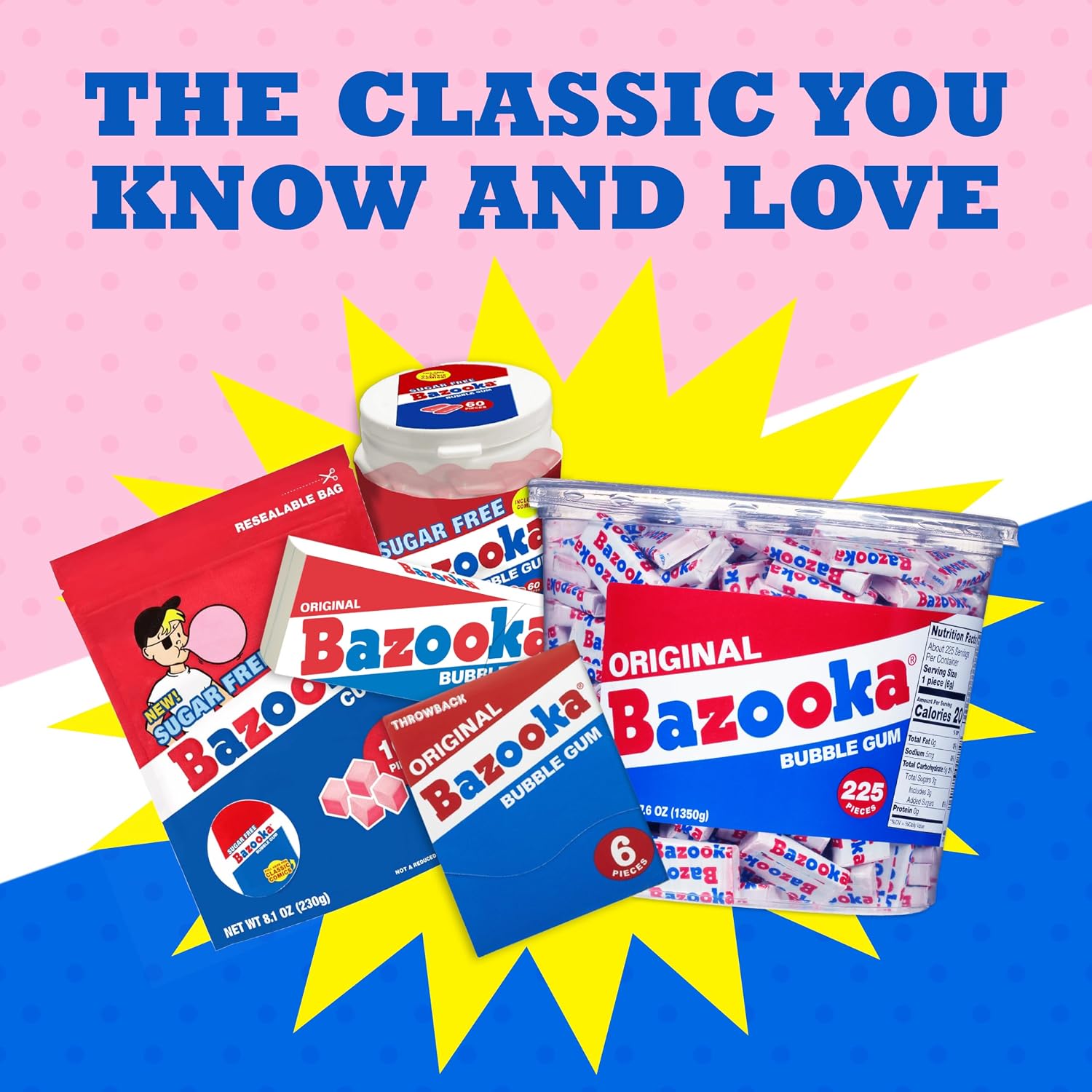 Bazooka Bubble Gum Bulk, 225 Count Tub of Chewing Gum | Individually Wrapped, Old Fashioned 90's Candy for Baseball, Party Favors, Goodie Bags