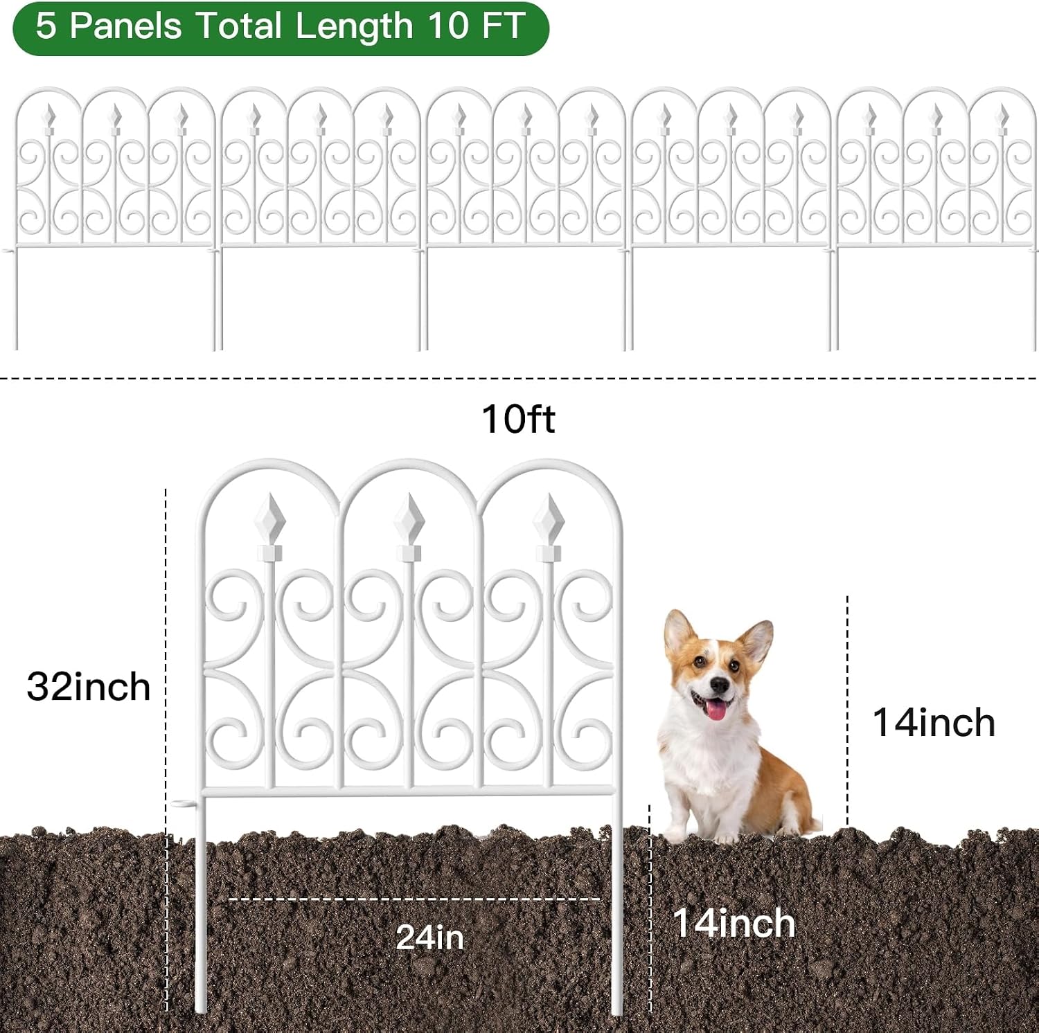 AMAGABELI GARDEN & HOME 5 Panels 32in(H)×10ft(L) Decorative Garden Fences and Borders for Dogs No Dig Rustproof Metal Fence Panels Garden Edging Border Animal Barrier Fencing for Flower Beds Black