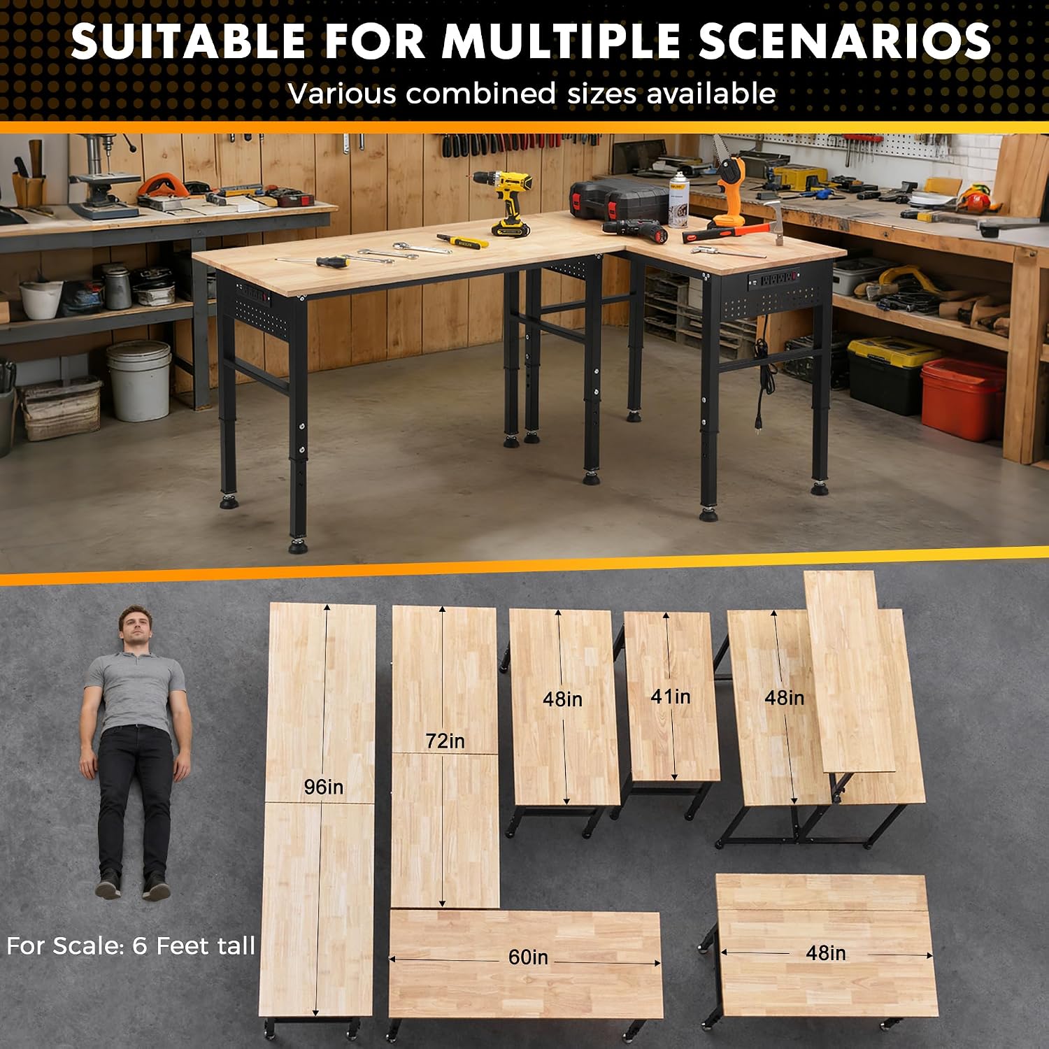 48" Adjustable Rubberwood Workbench with Foldable Extension Board & Power Outlet, Extra Large 48x32In 9-Level Height 27"-37", 2000 LBS Heavy Duty for Workshop Garage Office Home