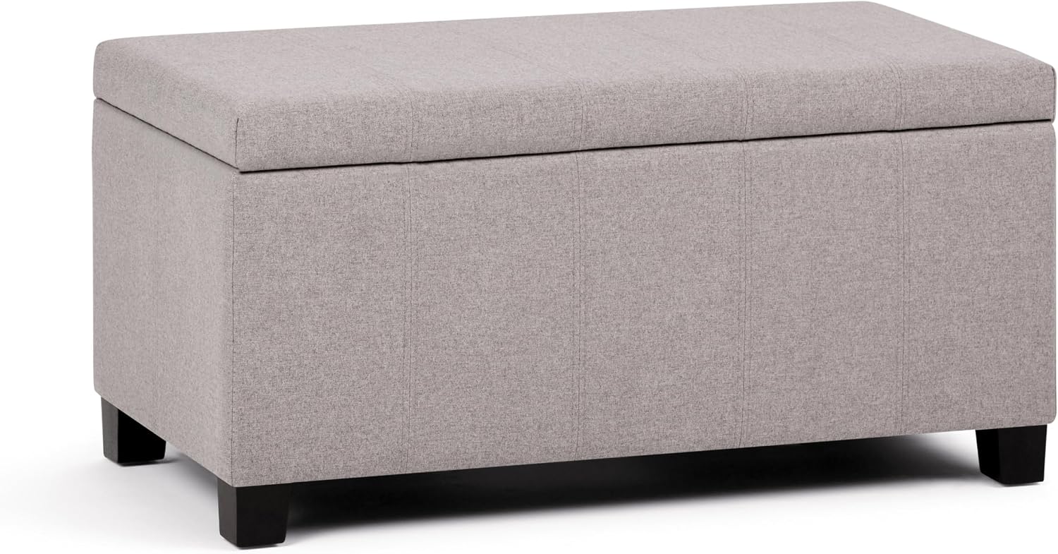 SIMPLIHOME Dover 36" Wide Vegan Leather Storage Ottoman in Midnight Black | Distressed umber brown, contemporary ottoman with lift-top and safety hinges; rectangle storage bench for living room.