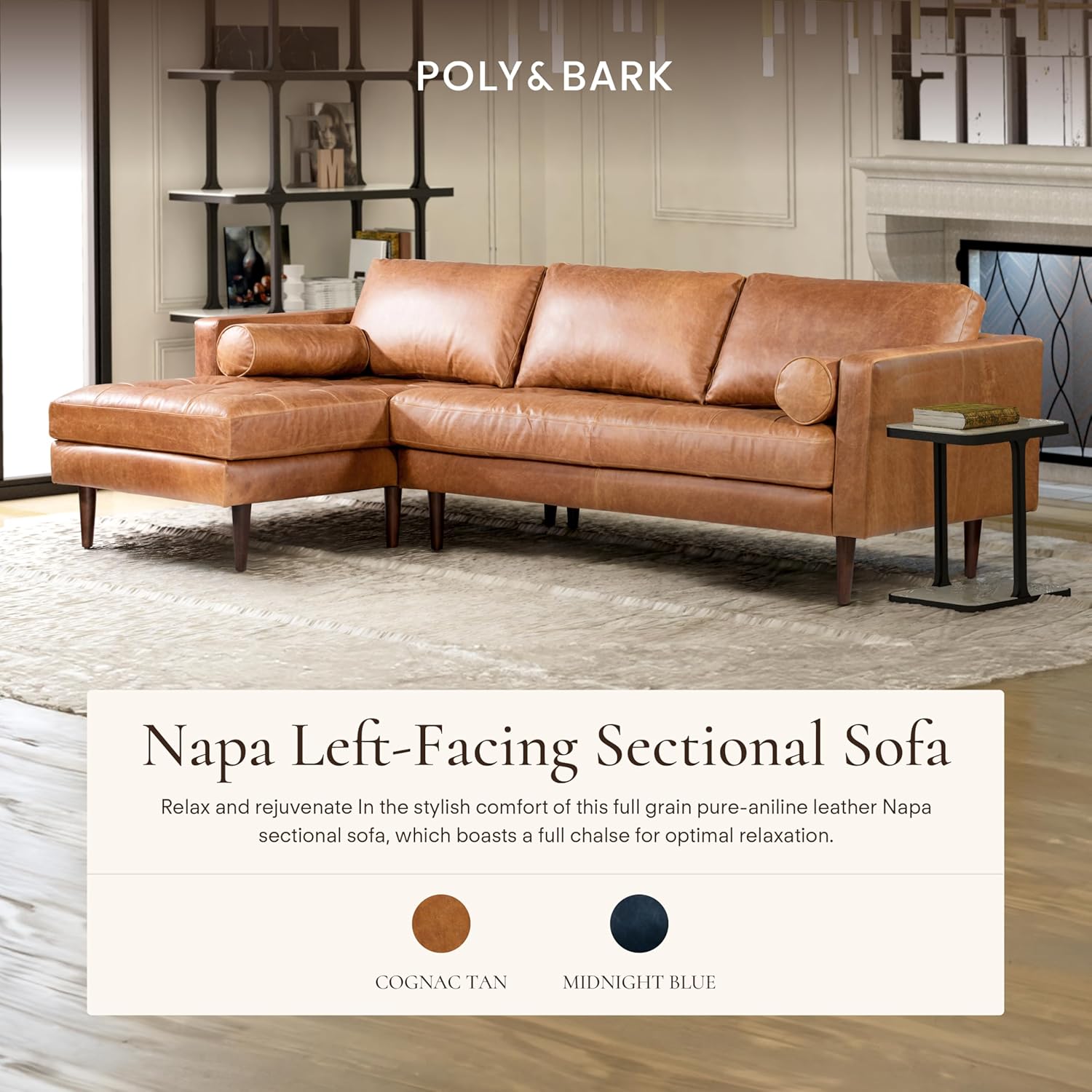 Poly & BARK 55" Tufted Leather Bed Bench for Bedroom End of Bed - Living Room Entry Way Bench - Pure Italian Leather Upholstery with a Solid Wood Frame - Ottoman Bench with Wooden Legs - Cognac Tan