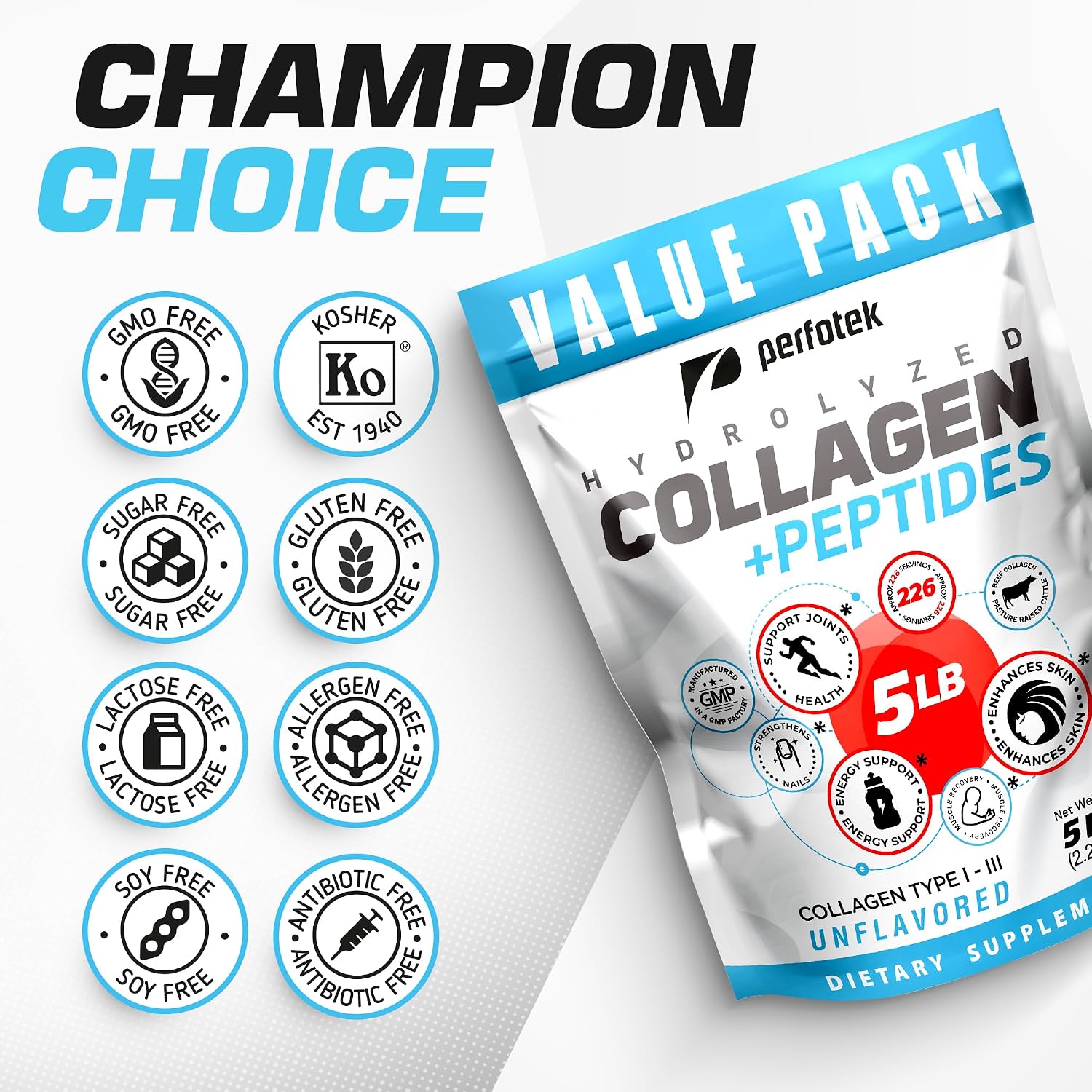 Collagen Powder for Women Men (5Lb) Types I & III Unflavored Easy to Mix Hydrolyzed Protein Peptides Non-GMO Grass-Fed Gluten-Free Kosher Pareve