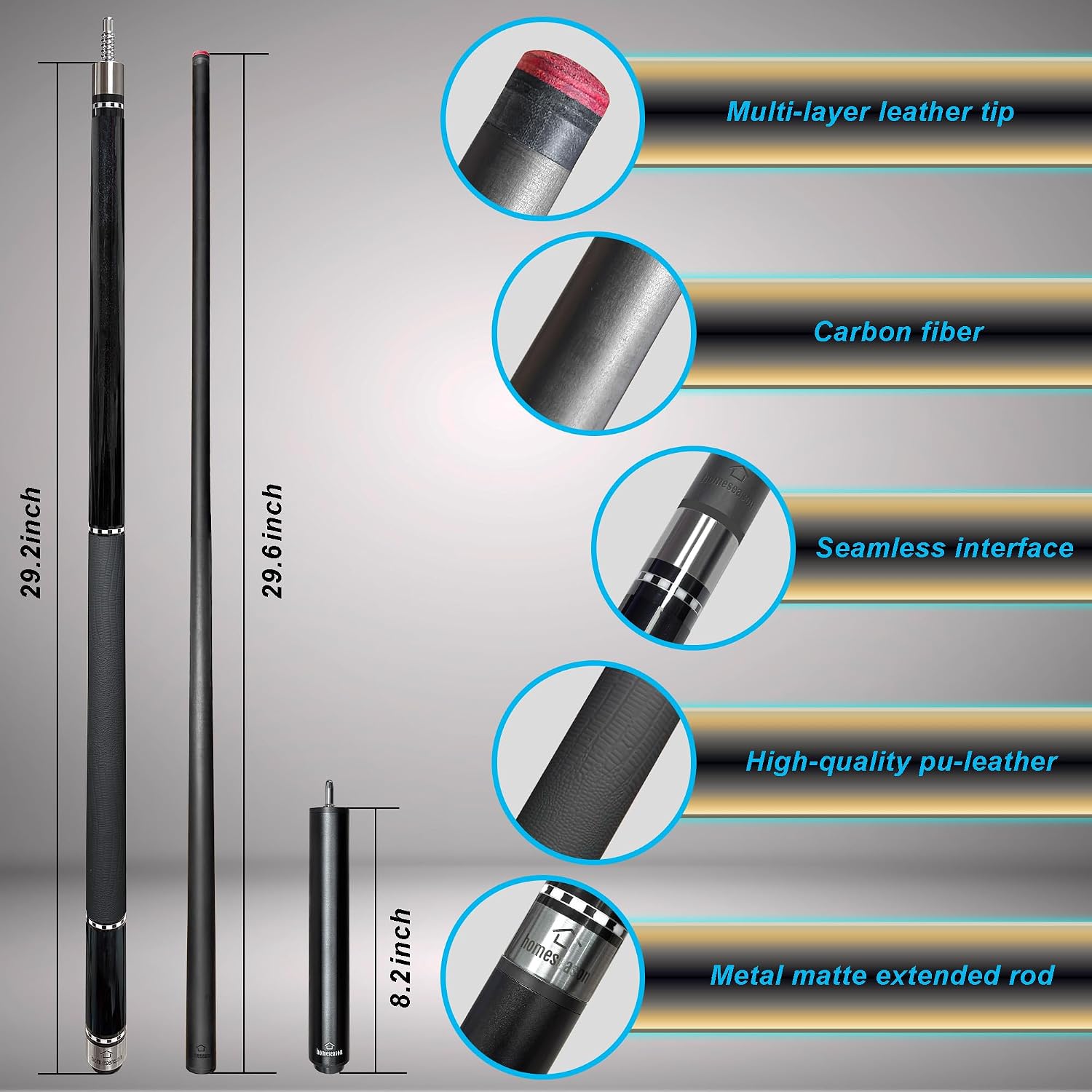HomeSeason 58inch Carbon Fiber Pool Cue Stick with Screw-in Extension and Leather Case, 18oz Low Deflection Professional Cue Stick for Billiards, 13mm Tip