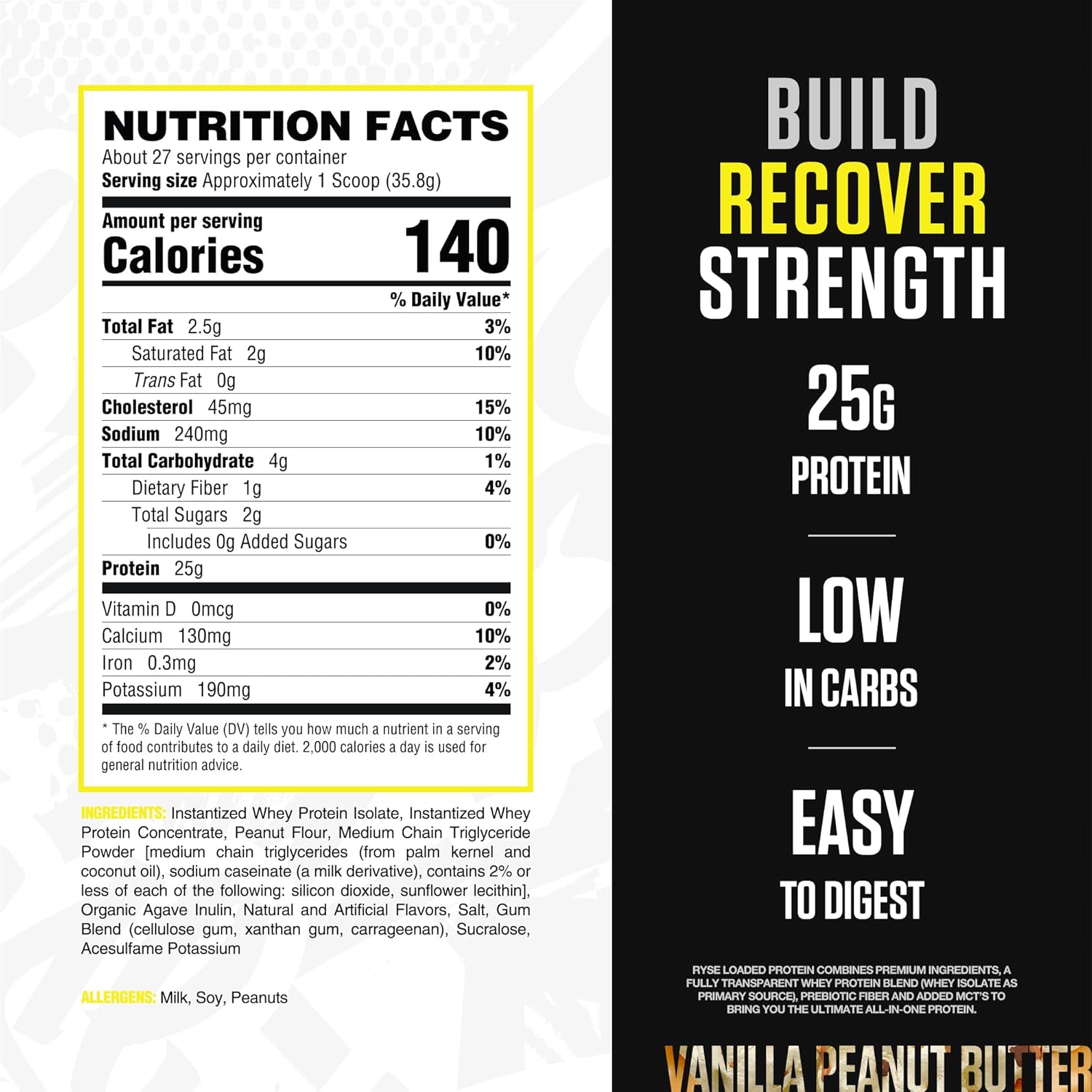 RYSE Loaded Protein Powder - Peanut Butter Cup - 25g Whey Protein Isolate & Concentrate with Prebiotic Fiber & MCTs - Low Carb, Low Sugar
