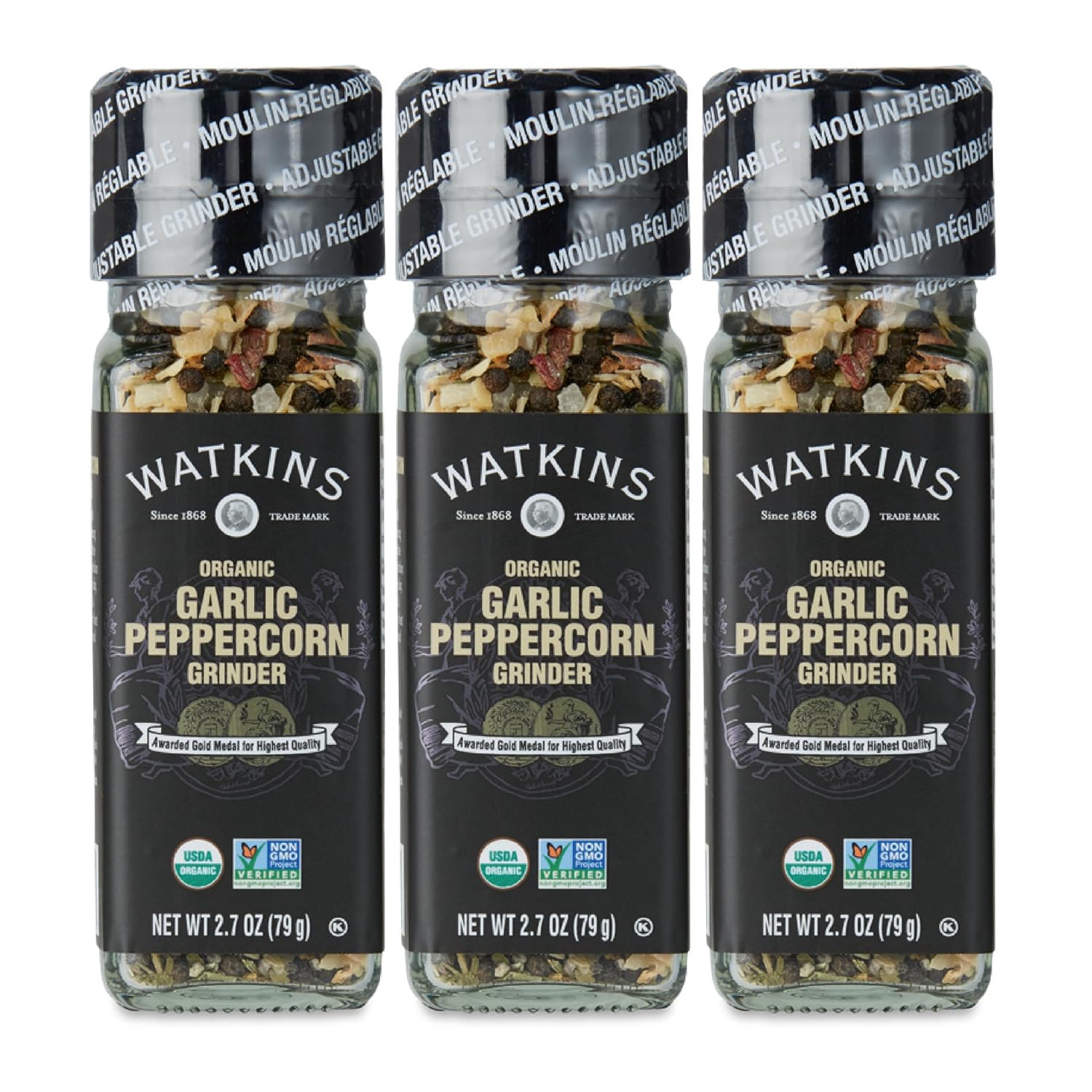 Watkins Organic Grinder, Garlic Peppercorn, 2.7 Ounce, 3-Pack