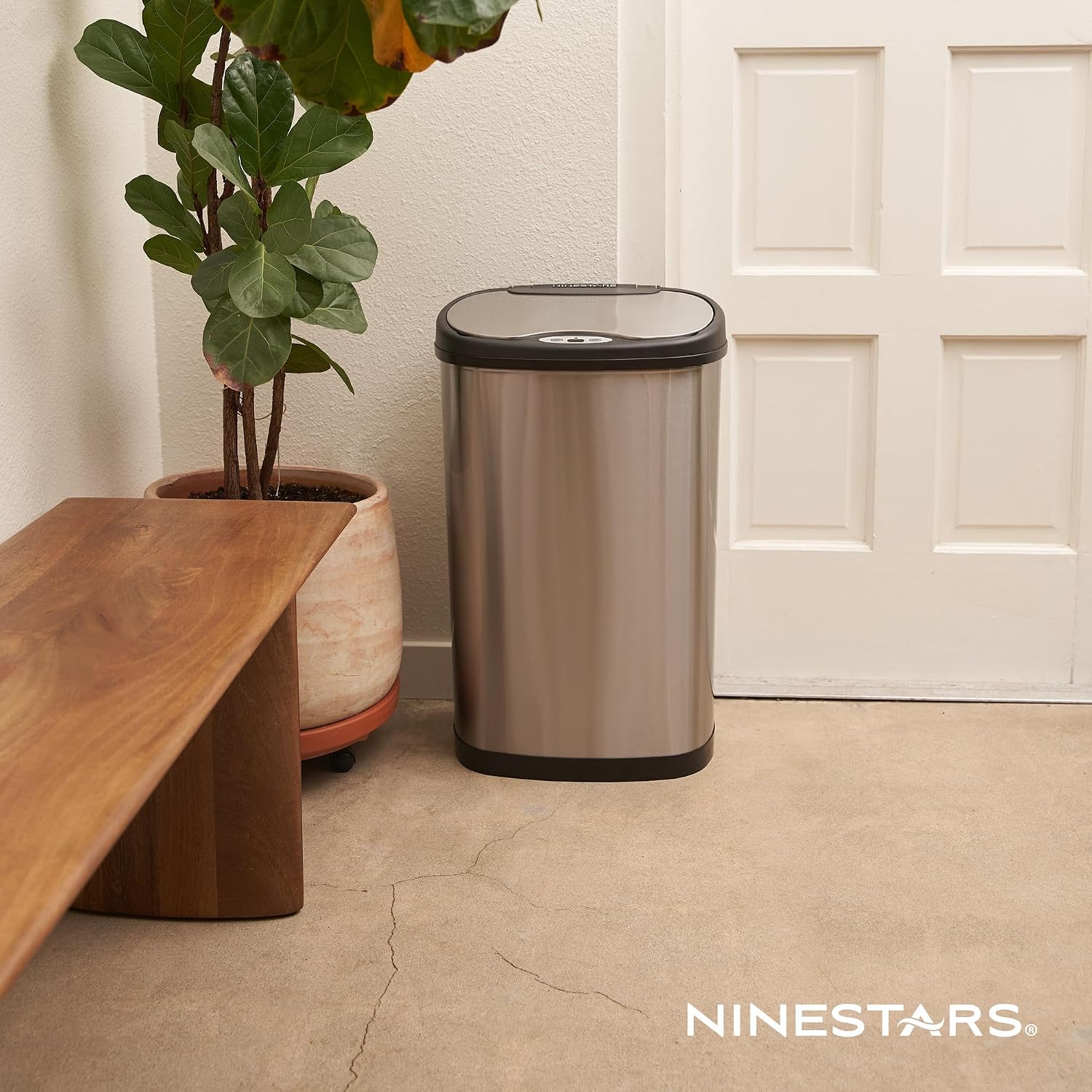Ninestars 13 Gallon Oval Automatic Trash Can, 50L Touchless Motion Sensor Kitchen Garbage Can with Odor-Sealing Lid, Silver Stainless Steel