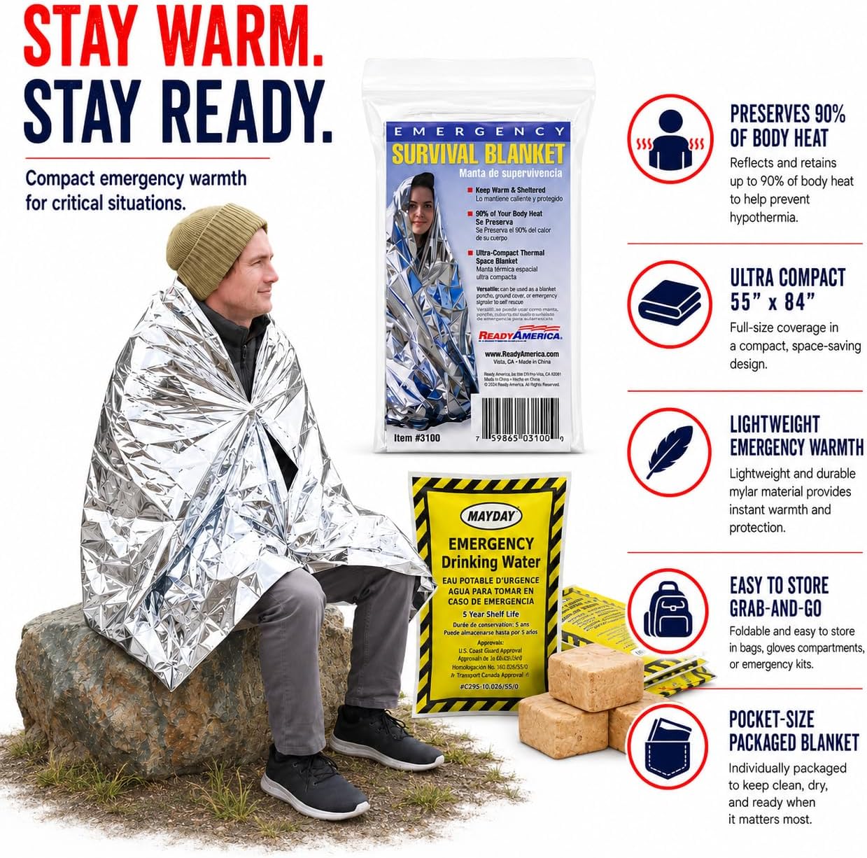 Ready America 3000, 1-Person 3-Day Survival Box, Food Water Blanket | 2400 Calorie Food Bar, Water Pouches, Emergency Blanket, Heat-Retaining Shelter