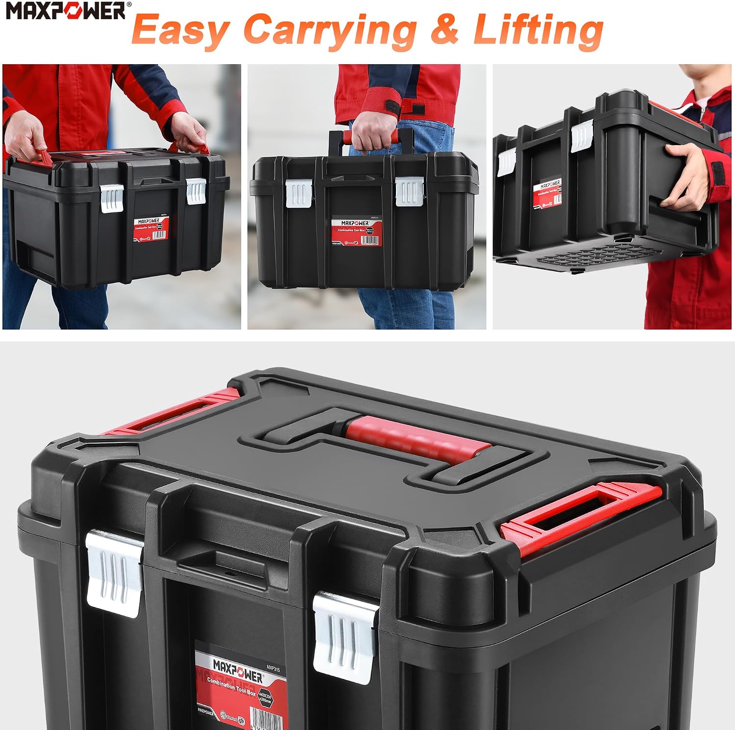 MAXPOWER Small Tool Box, 14-inch Plastic Tool Boxes with Handle | Removable Tray with Dual Lock Secured, Red Toolbox for Home