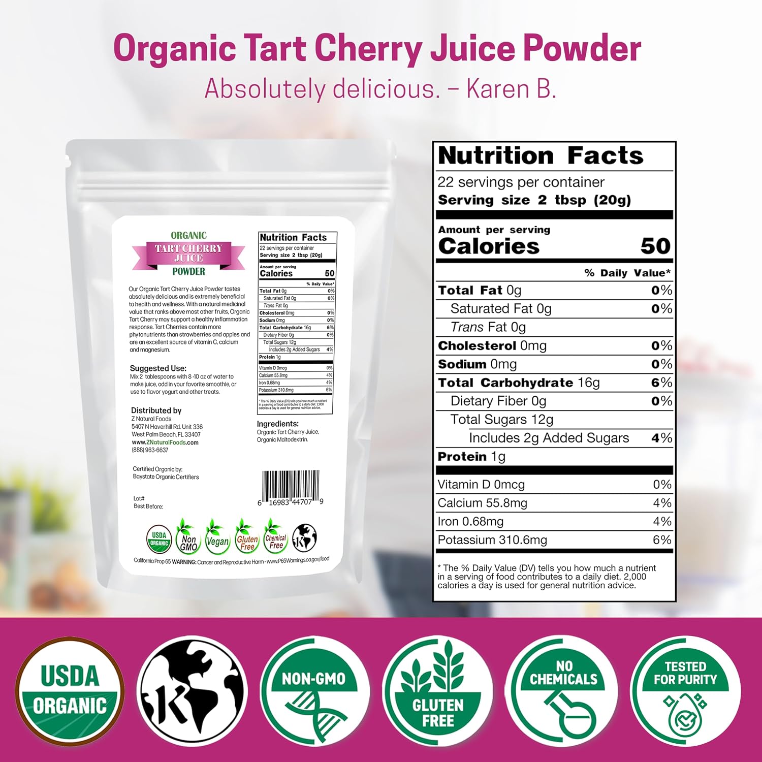 Z Natural Foods Organic Tart Cherry Juice Powder - Vegan, Kosher, 1 lb