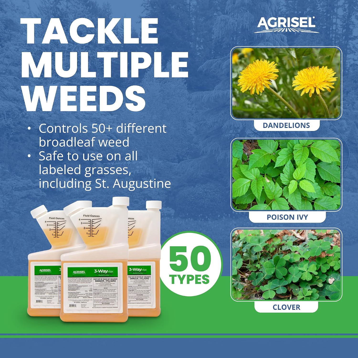 Agrisel 3 Way Max Weed Killer, Eliminate 50+ Weeds, Pet Safe, 128 Ounces | Safe on Grass, Weed Spray, Low Odor, Easy Mixing