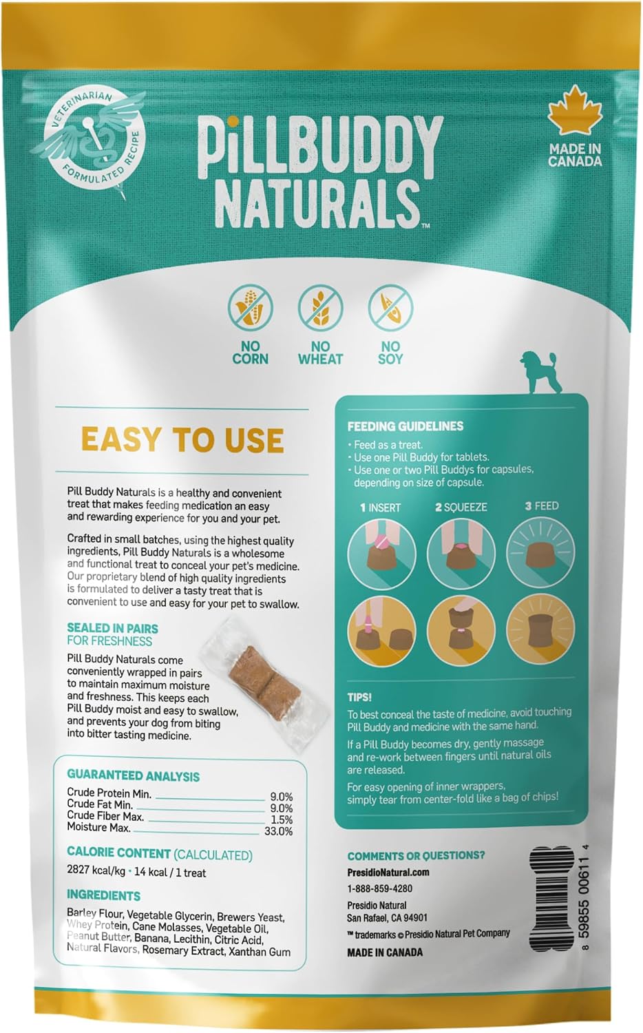 Presidio Earthly Pill Buddy Naturals - PB & Banana Recipe Pill Hiding Treats for Dogs - Make A Perfect Pill Concealing Pocket Or Pouch for Any Size Medication - 30 Servings