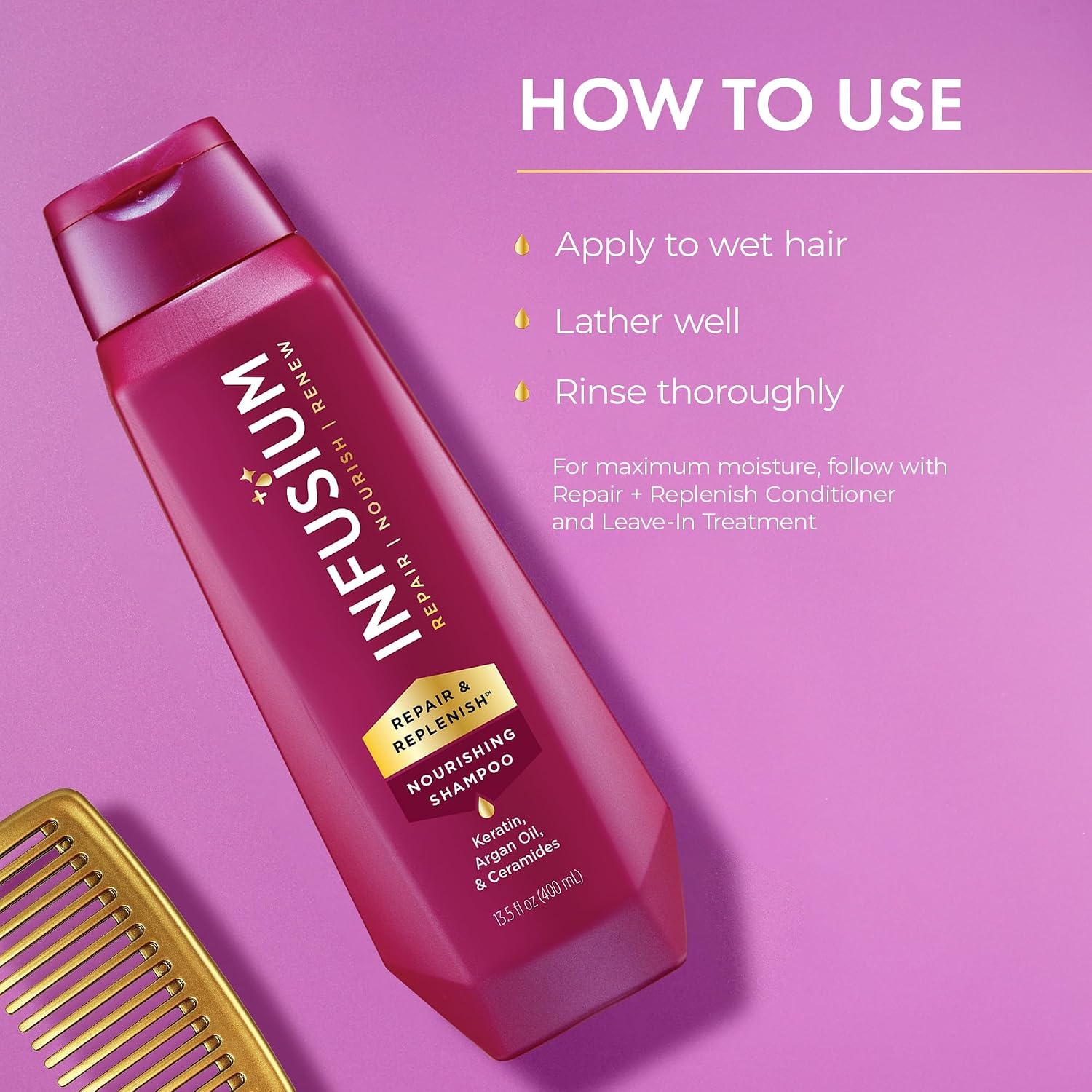 Infusium Repair and Replenish Nourishing Shampoo - Hydrating and Clarifying Shampoo for Build Up - Ceramides, Keratin, and Argan Oil - 13.5 oz