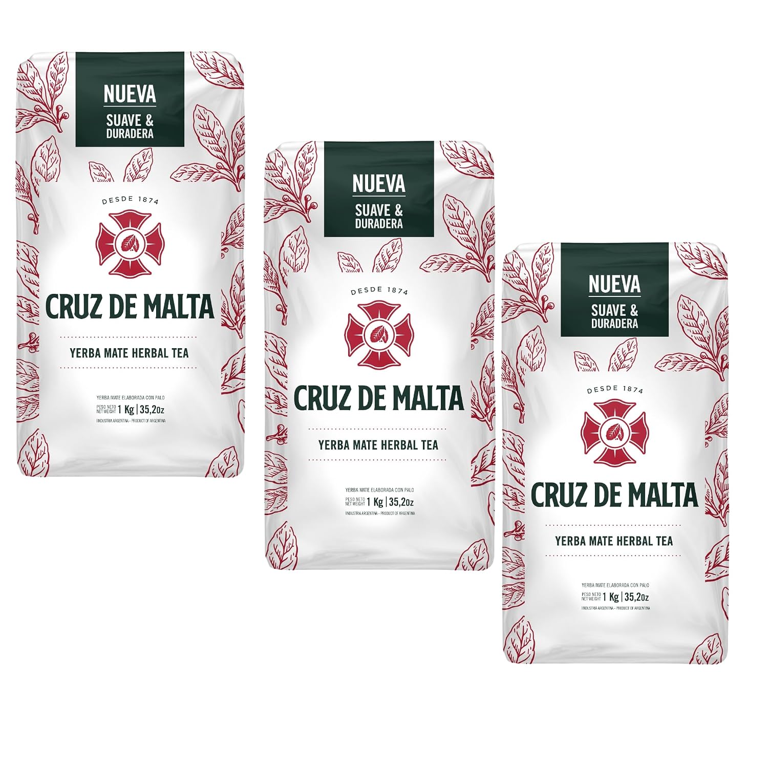 Yerba Mate Cruz de Malta, Suave y Duradera 2.2 Lbs each bag, 3-pack | Large leaf, low dust for a smoother traditional mate. U.S. retail packaging