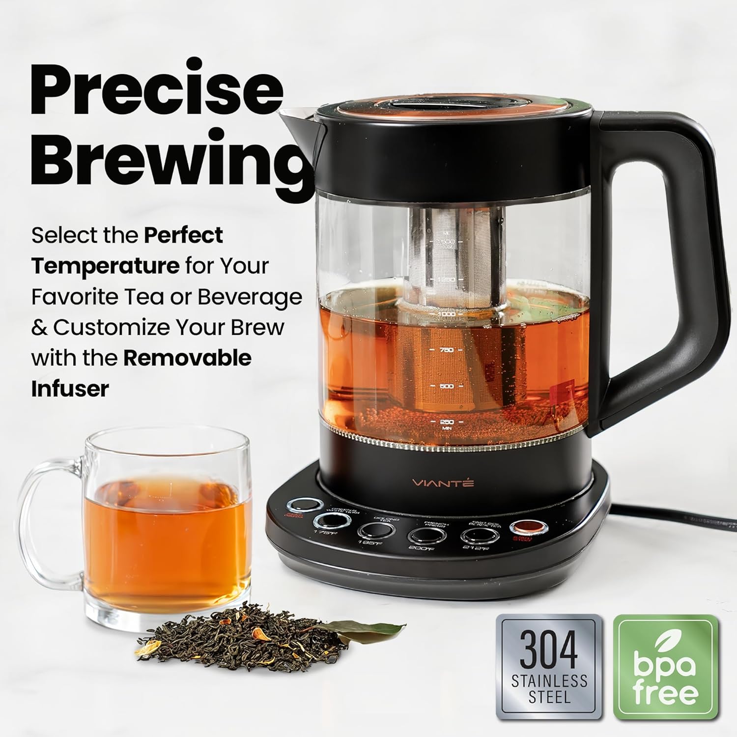 Viante Alba Electric Tea Kettle With Infuser, No Plastic, 1.5L