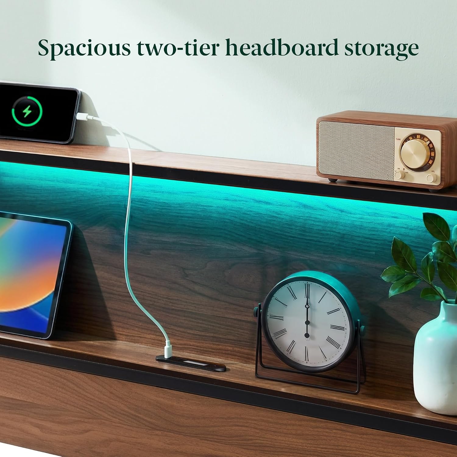 Zinus Kai Platform Bed Frame, RGB LED Lights, No Box Spring Needed, Full | Two-Tier Headboard for Space-Saving Storage, Built-in USB Charging Station, Soft Ambient Night Light